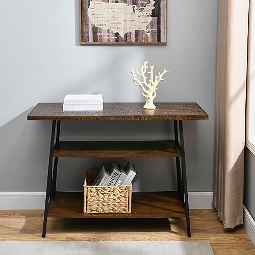 Miniatura 4 de MODERION Mesa consola con mesa dentada, mesa de entrada de madera maciza con estante de almacenamiento, mesa de pasillo rústica de 3 niveles, mesa