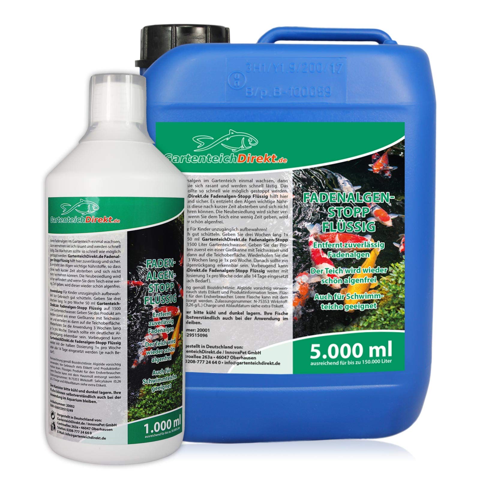 Gartenteich-Direkt Fadenalgen-Stopp FLÜSSIG für den Gartenteich (Schnelle Wirkung, entfernt zuverlässig Fadenalgen, Algen, Vernichter und Fadenalgenentferner), Größe:5 L