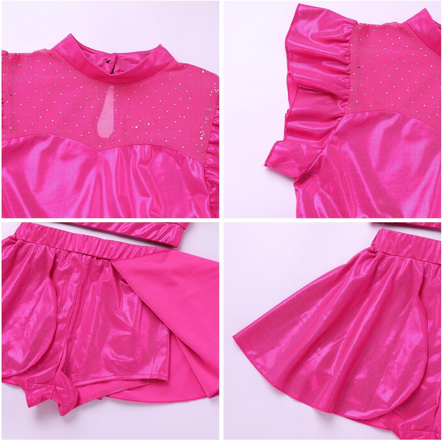 AFAVOM Women Metallic Dance Dress Ruffle Mesh Crop Top with Dance Shorts Adult Shiny Diamond Trapeze Artist Acrobat Costume
