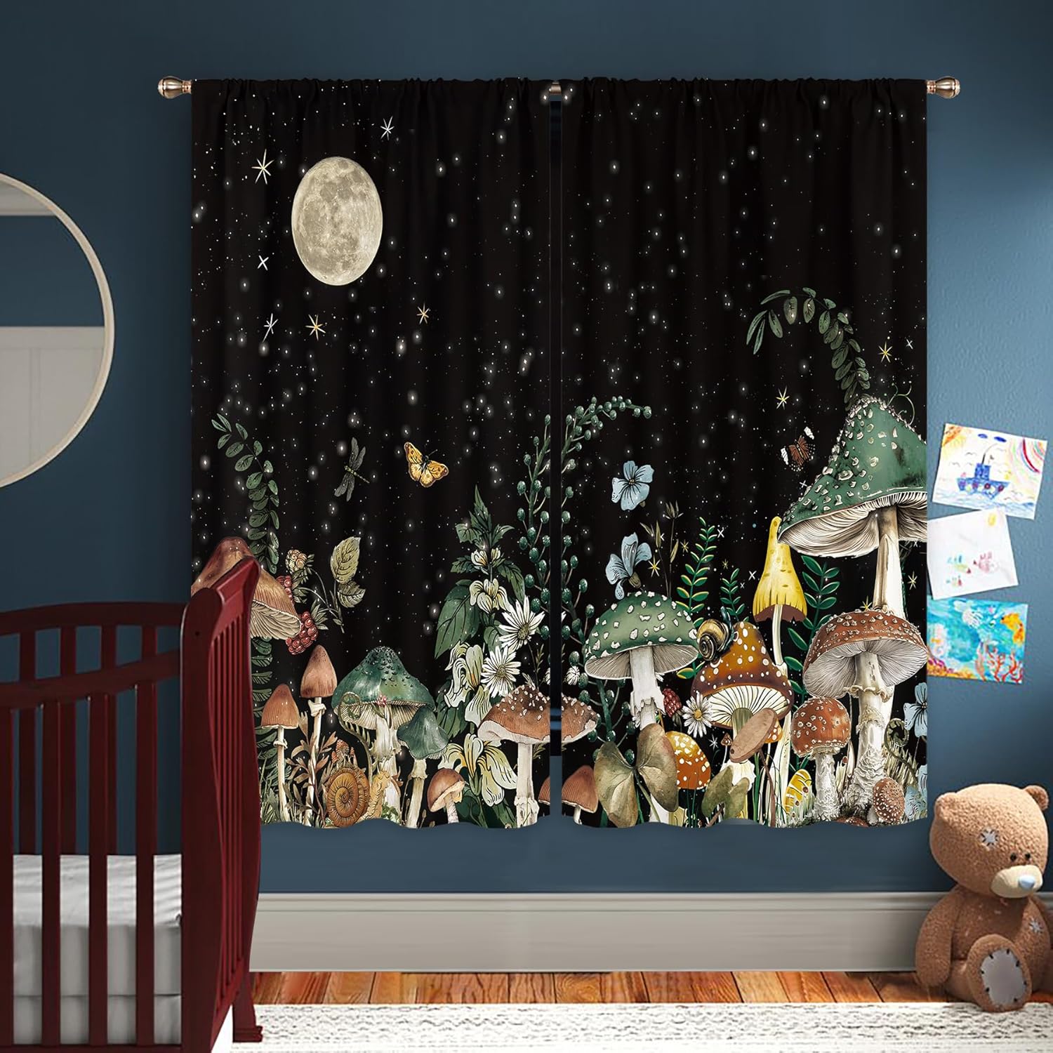 Miyotaa Fairy Night Mushroom Curtains 2 Panels 42W x 63H Rod Pocket Mysterious Moon Witchy Plant Botanical Polyester Window Drapery Treatment for Bedroom Living Room