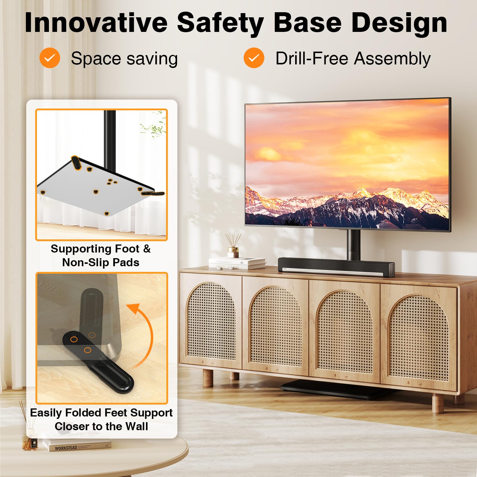 TVON Boden-TV-Ständer Höhenverstellbar & Drehbar – Für 81–152 Cm Fernseher Bis 40 Kg, Mit Holzsockel