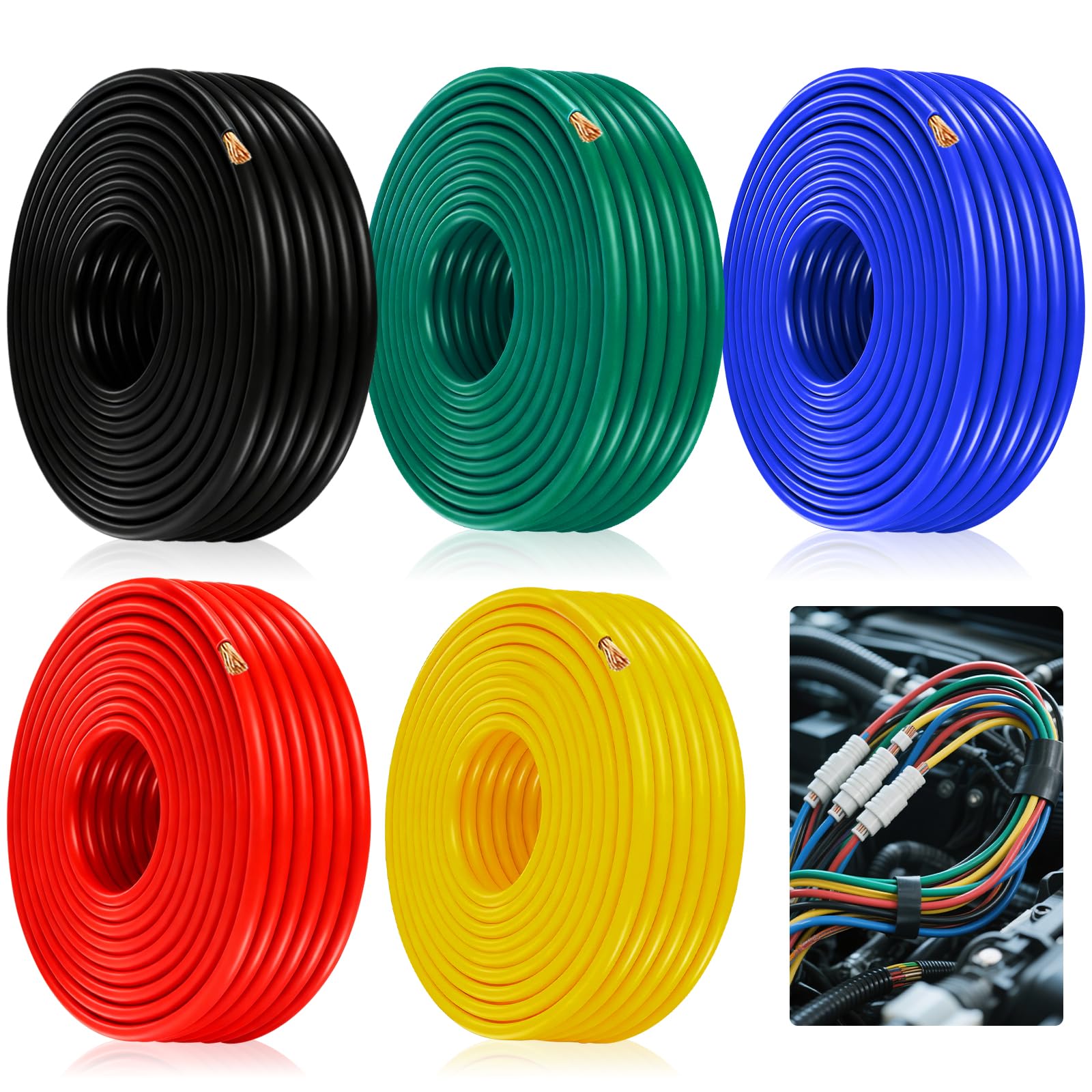 Vehicle Cable 2,5 mm², PVC Electrical Wire 5 M x 5 Colores, Copper Electrical Cable, Cable de Alimentación FLRY-B para Auto, Rojo/Negro/Azul/Verde/Amarillo