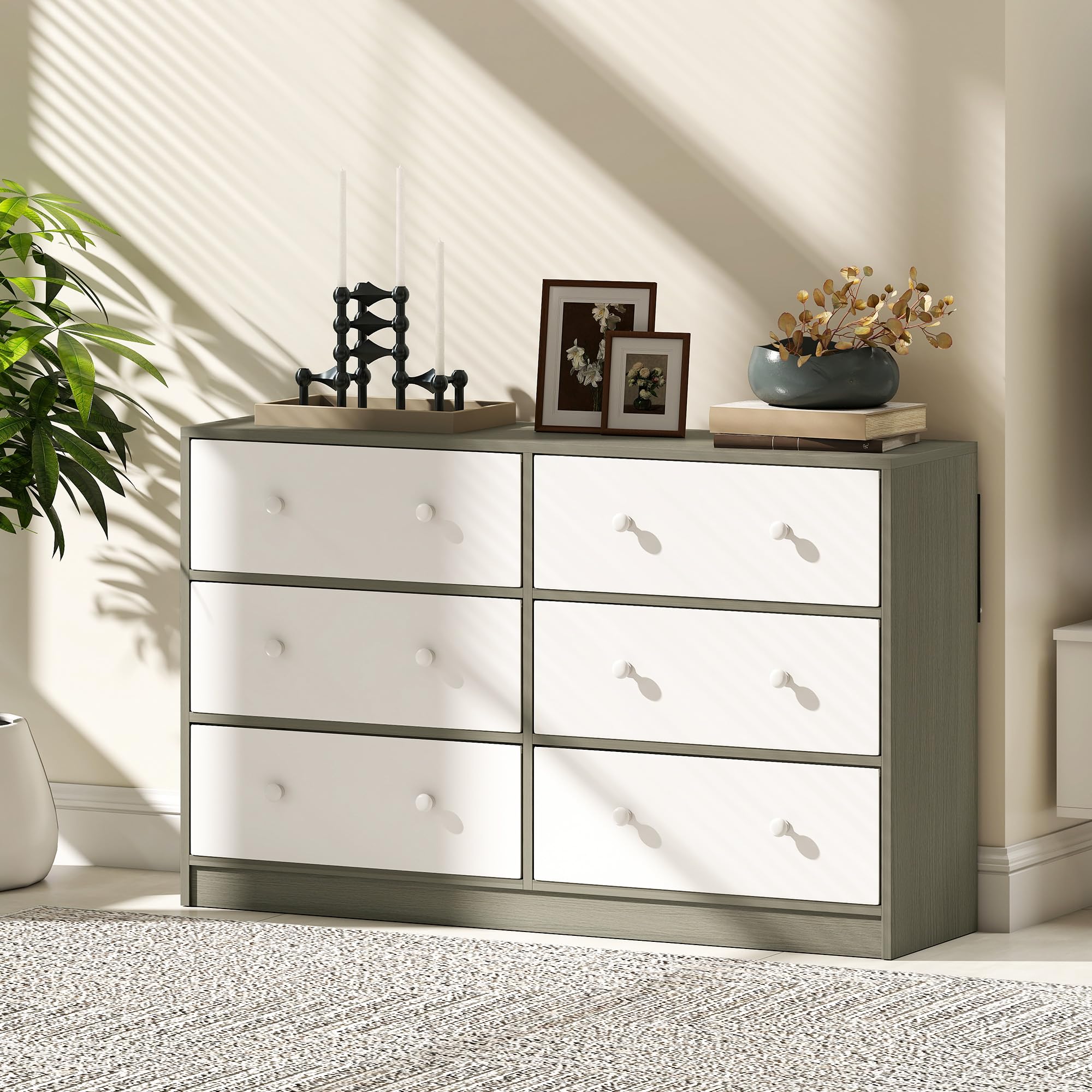 HOMCOM Cómoda con 6 Cajones de Tela, Cómoda para Dormitorio, Marco de Acero y MDF, Cajonera para Salón, Oficina, Vestidor, Blanco y Gris