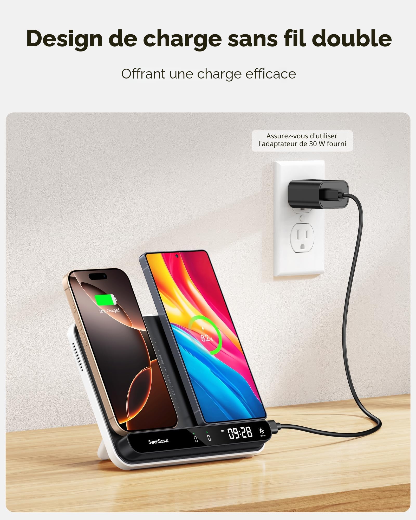 Double Chargeur Induction pour 2 Téléphone, Station de Charge pour iPhone Air/17 Pro Max/17 Pro/17/16/15/14, Samsung Galaxy S25/S24/S23/S22, Pixel 9/8 & Earbuds, SwanScout 504 (Black & White)