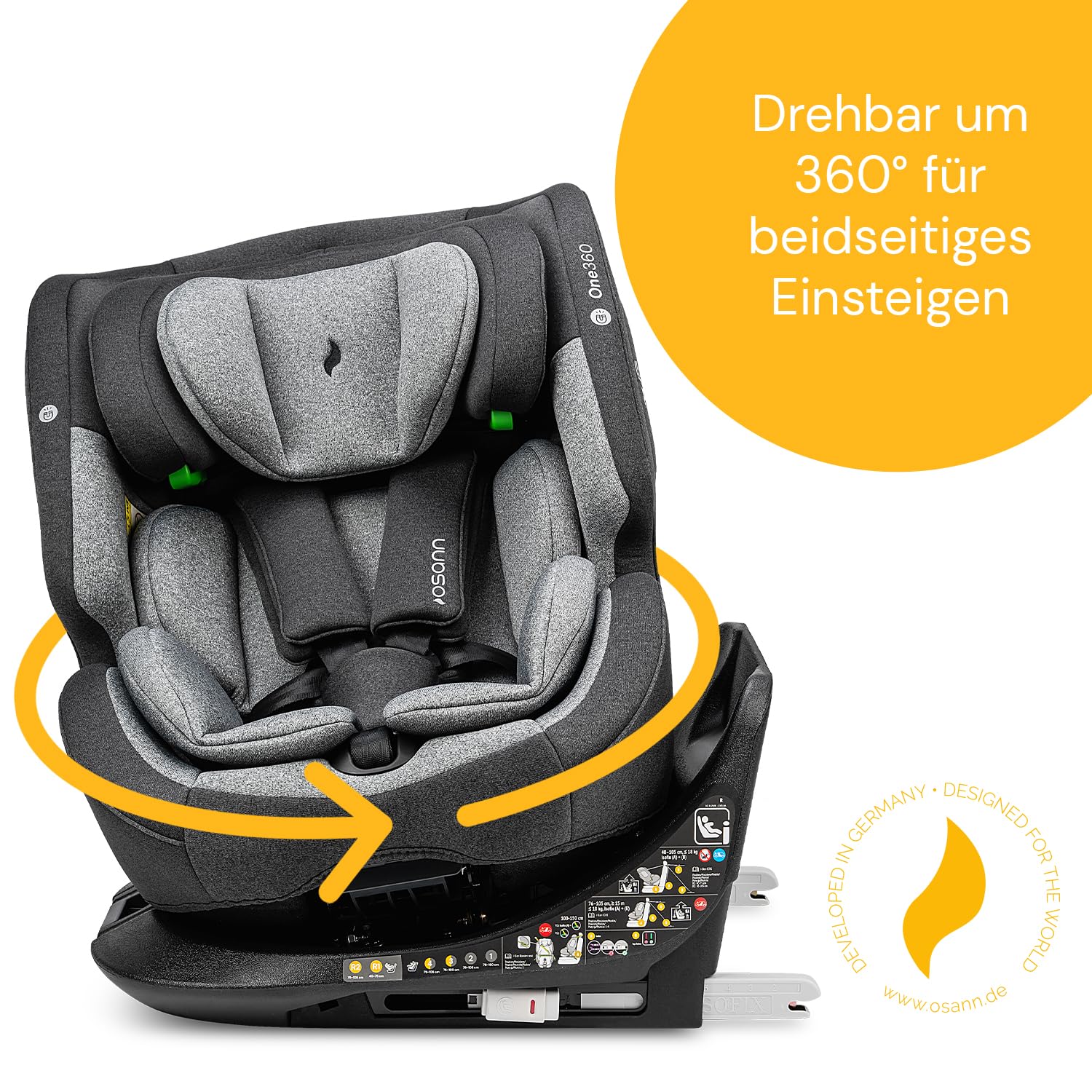 OSANN - Siège auto bébé/enfant One360 Rotatif 360° Isofix - 40-150 cm - 0 à 12 ans - Groupe 1/2/3 - Gris, Hauteurs 14 positions, Dos/Face à la route, Supports magnétiques pour sangles d'épaules