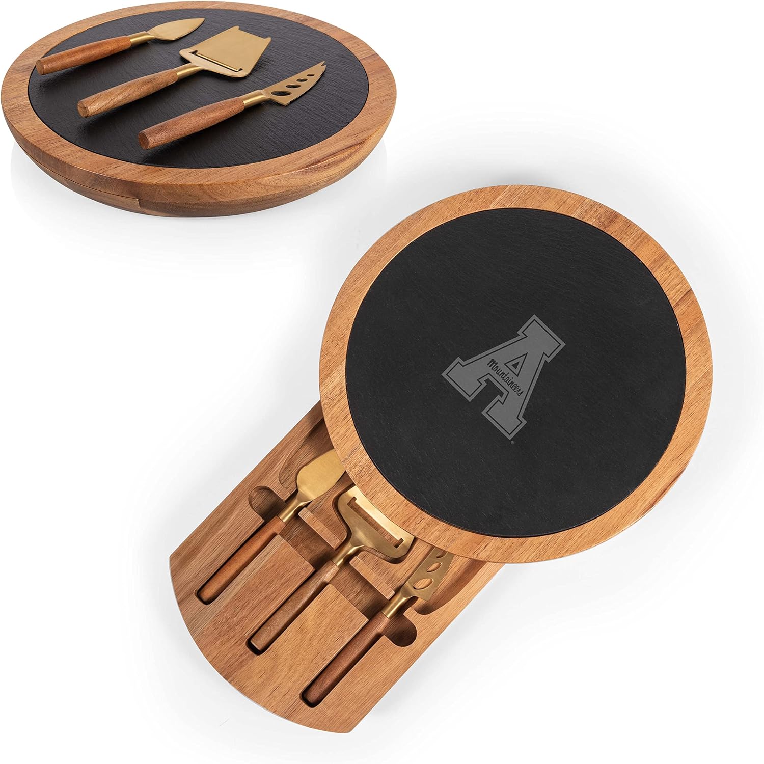 PICNIC TIME NCAA Insignia - Acacia and Slate Serving Board with Cheese Tools, (Acacia Wood & Slate Black with Gold Accents)