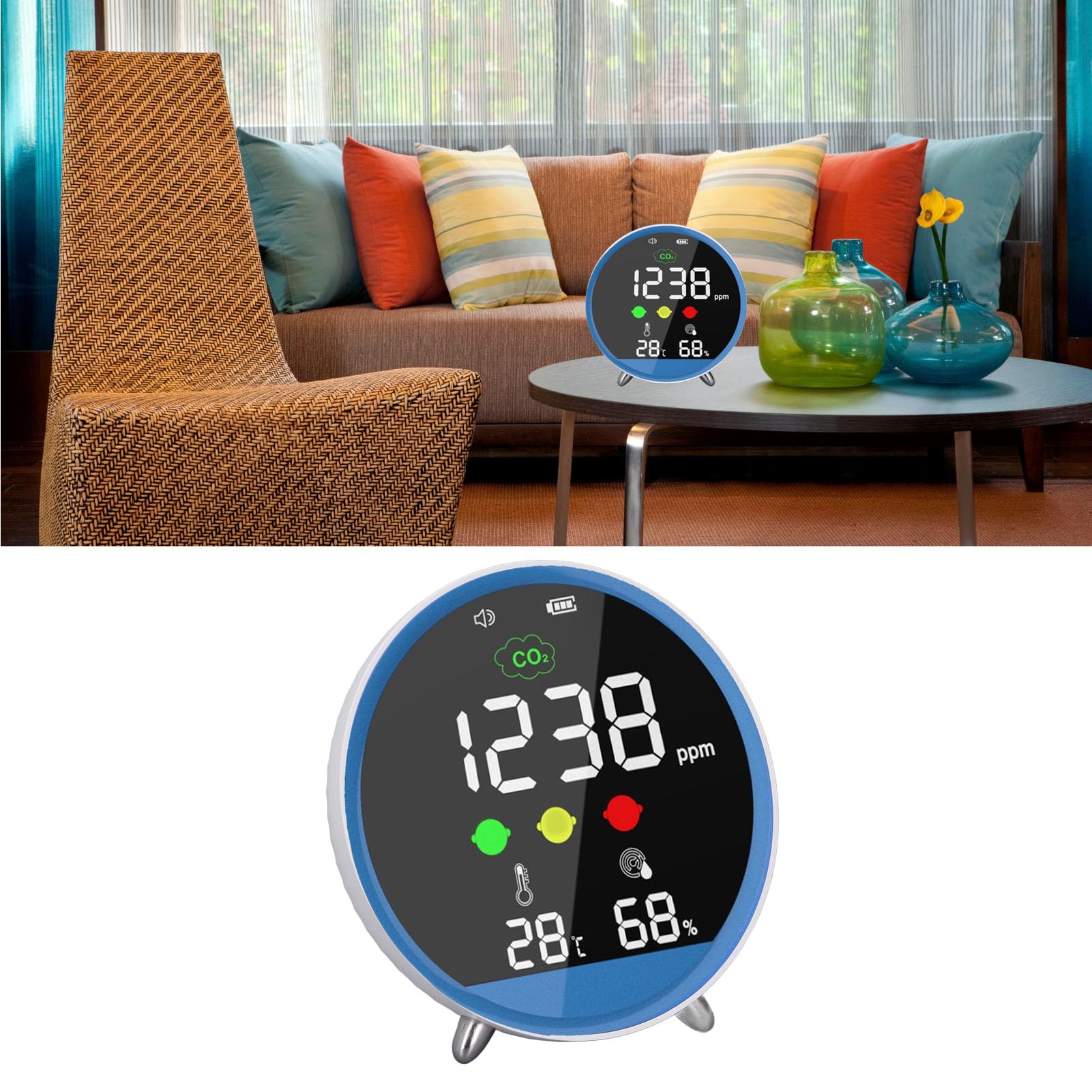 Detector de CO2, Probador de CO2 para Interiores de Alta Precisión, Pantalla de Temperatura y Humedad, Muestreo de 1,5 S, Portátil para el Hogar, Oficina, Aula, Viajes Al Aire