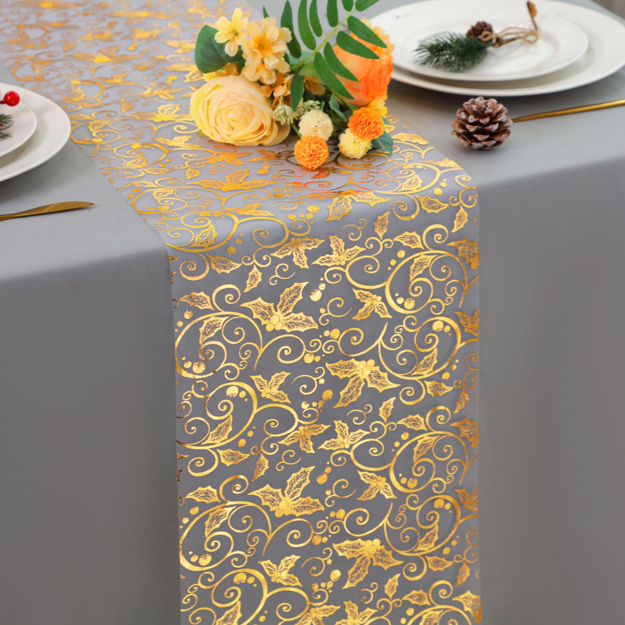 Snowkingdom 2 PCS Gold Table Runner 108 Inches Long, Gold Pinecone Flower Floral Table Decor for Winter Holiday Dining Kitchen Party New Year Home Decorations