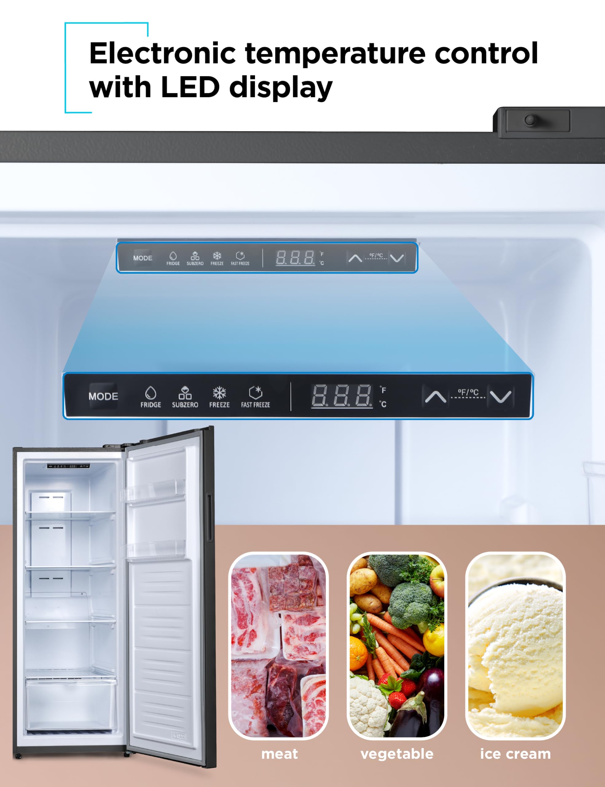 Black+Decker 11 Cu. Ft. Convertible Freezer Refrigerator, Upright Freezer With Glass Shelves, Reversible Door, Energy Star Rated, Frost Free, Buc1100xb, Black on Fridge.com - View 3