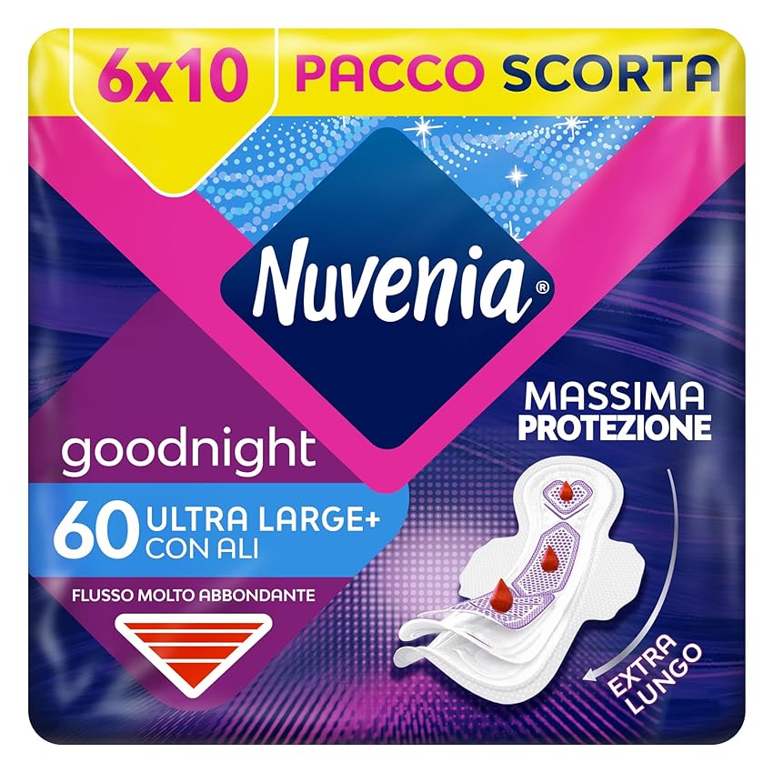 NUVENIA Ultra Notte Ali 60 Assorbenti, 6 Confezioni da 10 Assorbenti, Maxi Scorta per Comfort e Protezione, Flussi molto Abbondanti