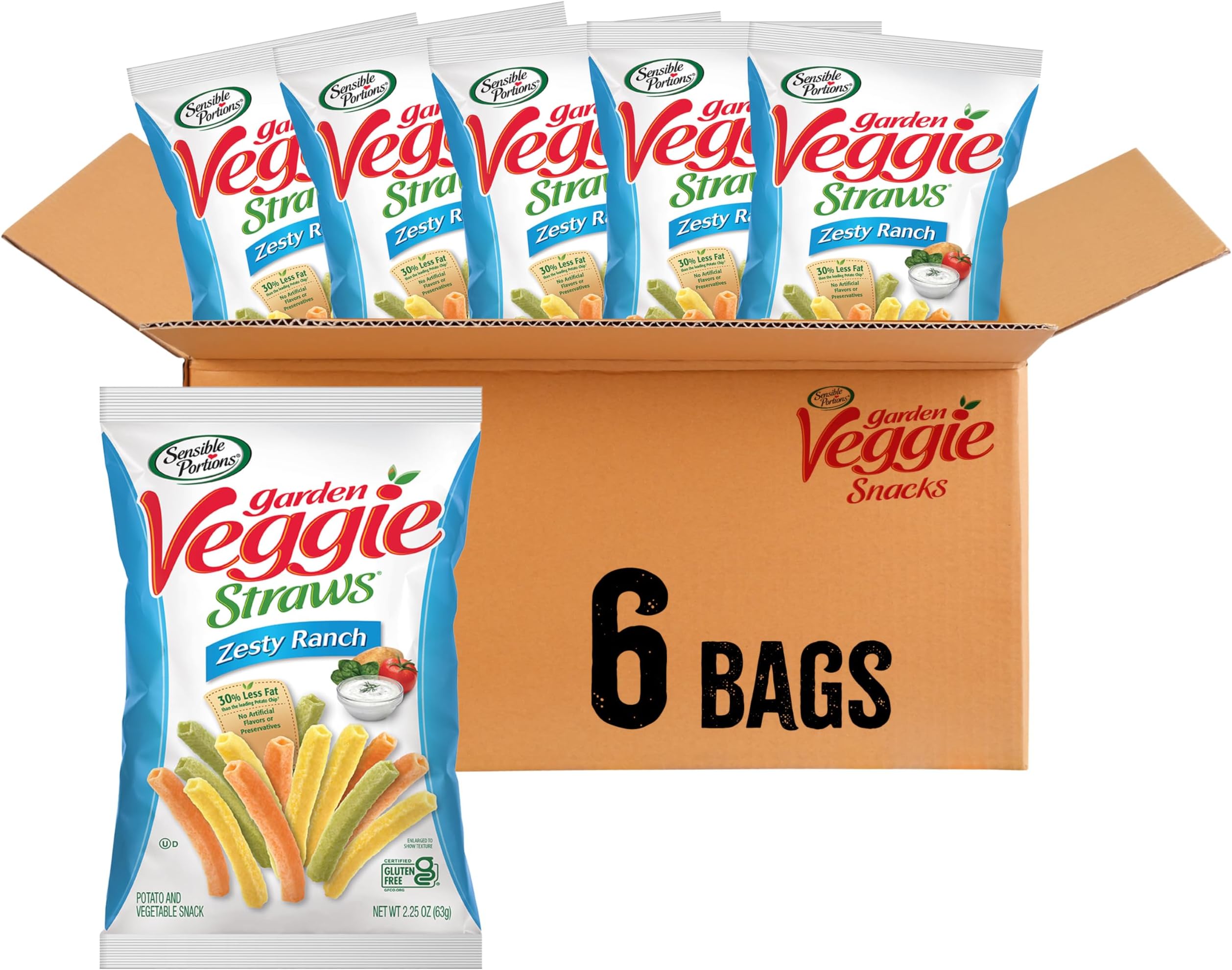 Veggie Straws, Zesty Ranch Flavor, Gluten-Free Chips, Individual Snacks, 2.25 Ounce Bag, 6-Pack