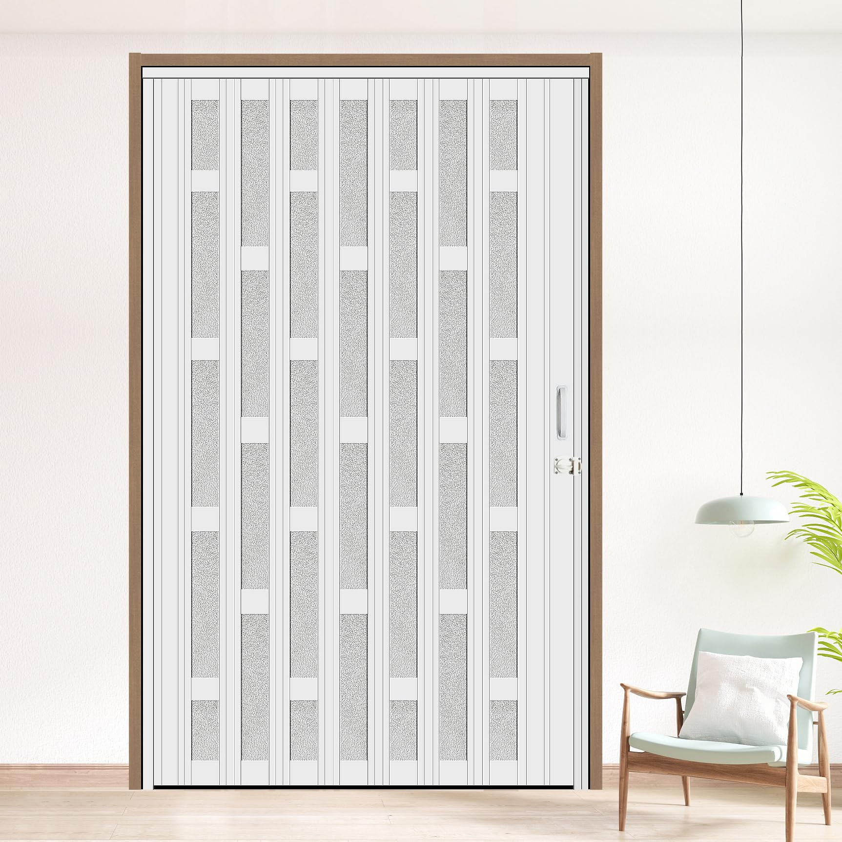 Photo 1 of HARDJULAN 60X79in Frosted Acrylic Glass PVC Accordion Folding Door for Closet,Multifold Interior Door with Installation Hardware,Includes Handle and Latch,White Beech