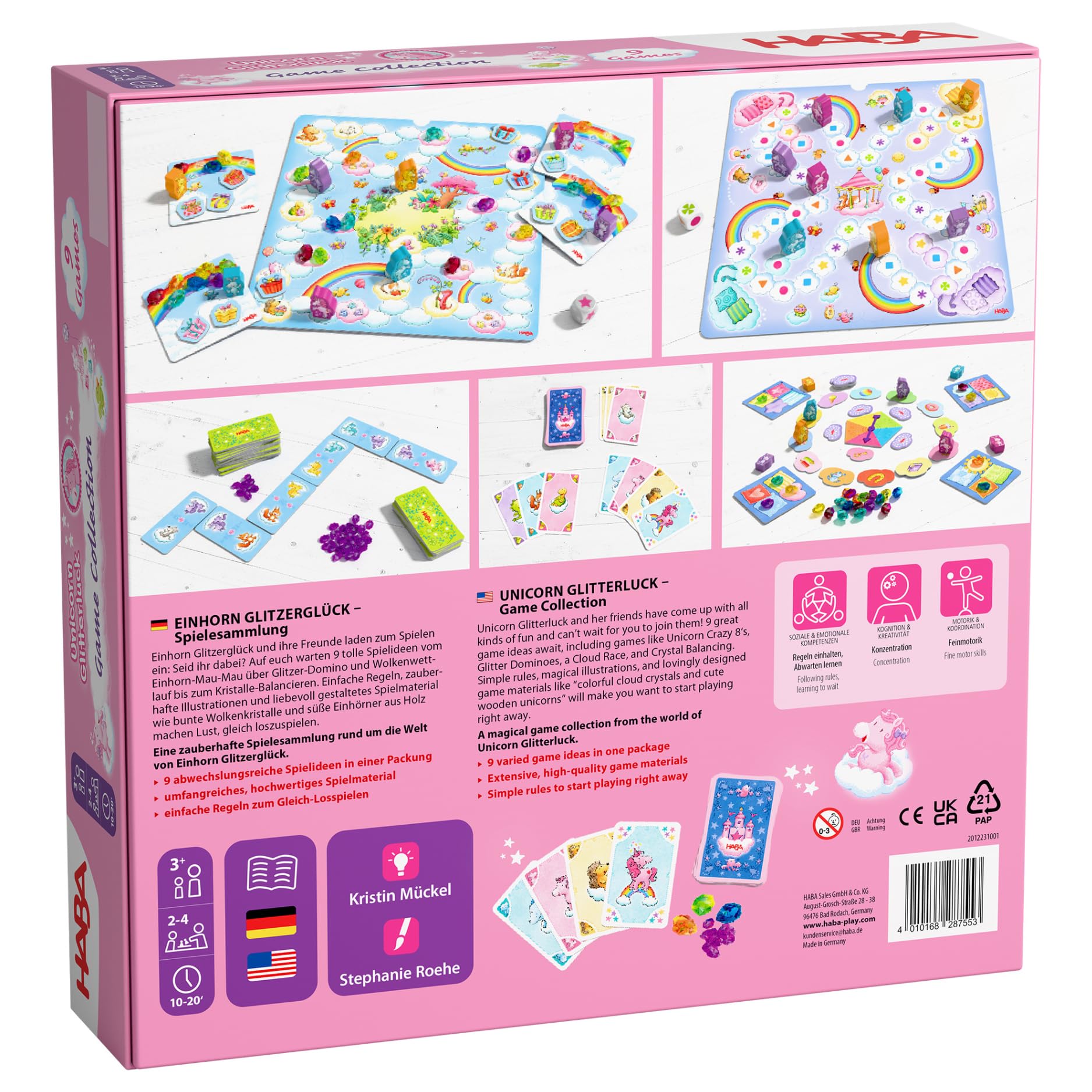 HABA Unicorno Glitter Felice – Collezione di Giochi dai 3 Anni in su, con 9 Diversi Giochi di Dadi, Carte e da Tavolo per 2-4 Bambini, spiegati Semplicemente – 2012231001