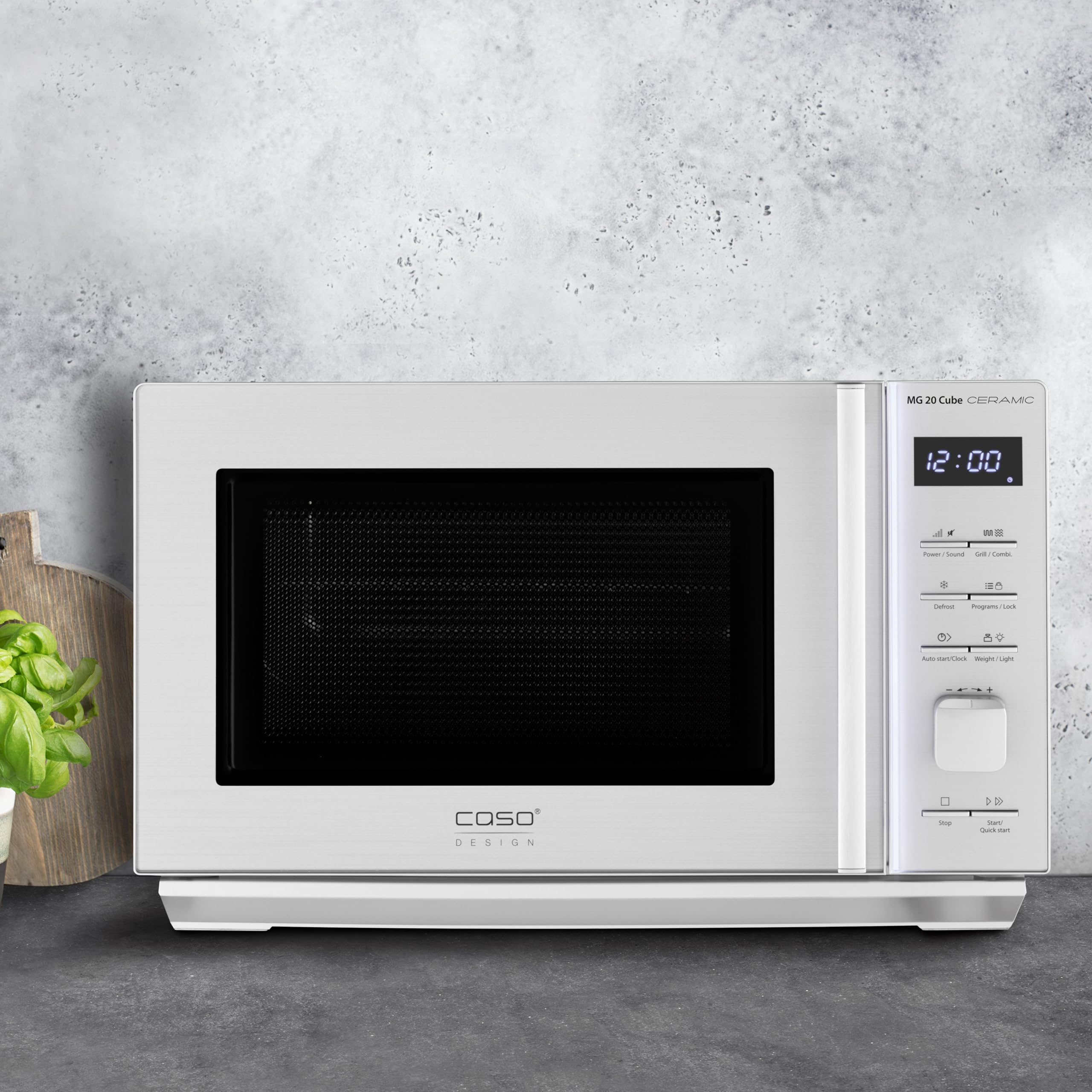 CASO MG 20 Cube Ceramic - Microondas 2 en 1 sin plato giratorio con grill de 1000W - Capacidad de 20L - 13 programas automáticos - con bloqueo para niños - Caso CUBE Controller - plateado
