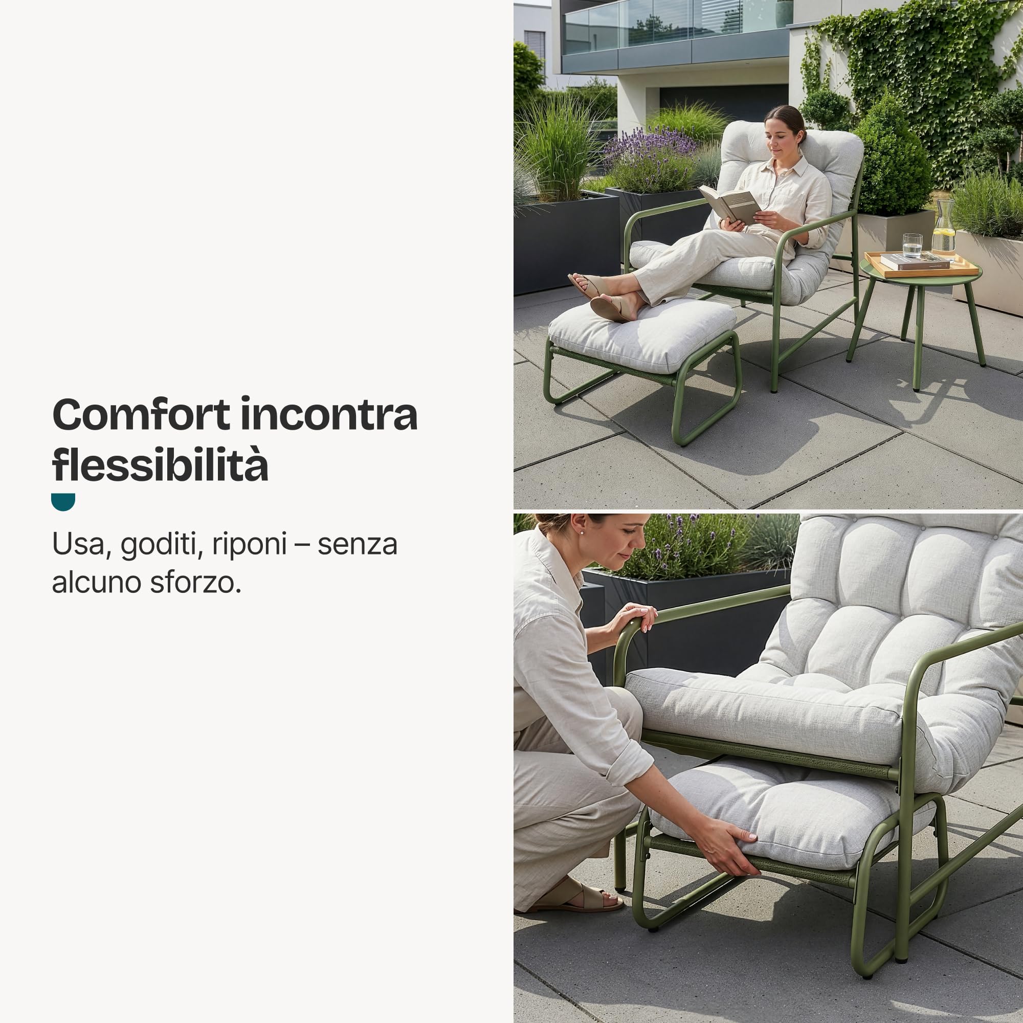 [en.casa] Set di 3 Mobili da Giardino Verde Chiaro/Grigio | Tavolino Rotondo, Poltrona e Poggiapiedi, Con Cuscini Imbottiti, per Balcone Terrazzo Veranda Outdoor, Telaio in Acciaio