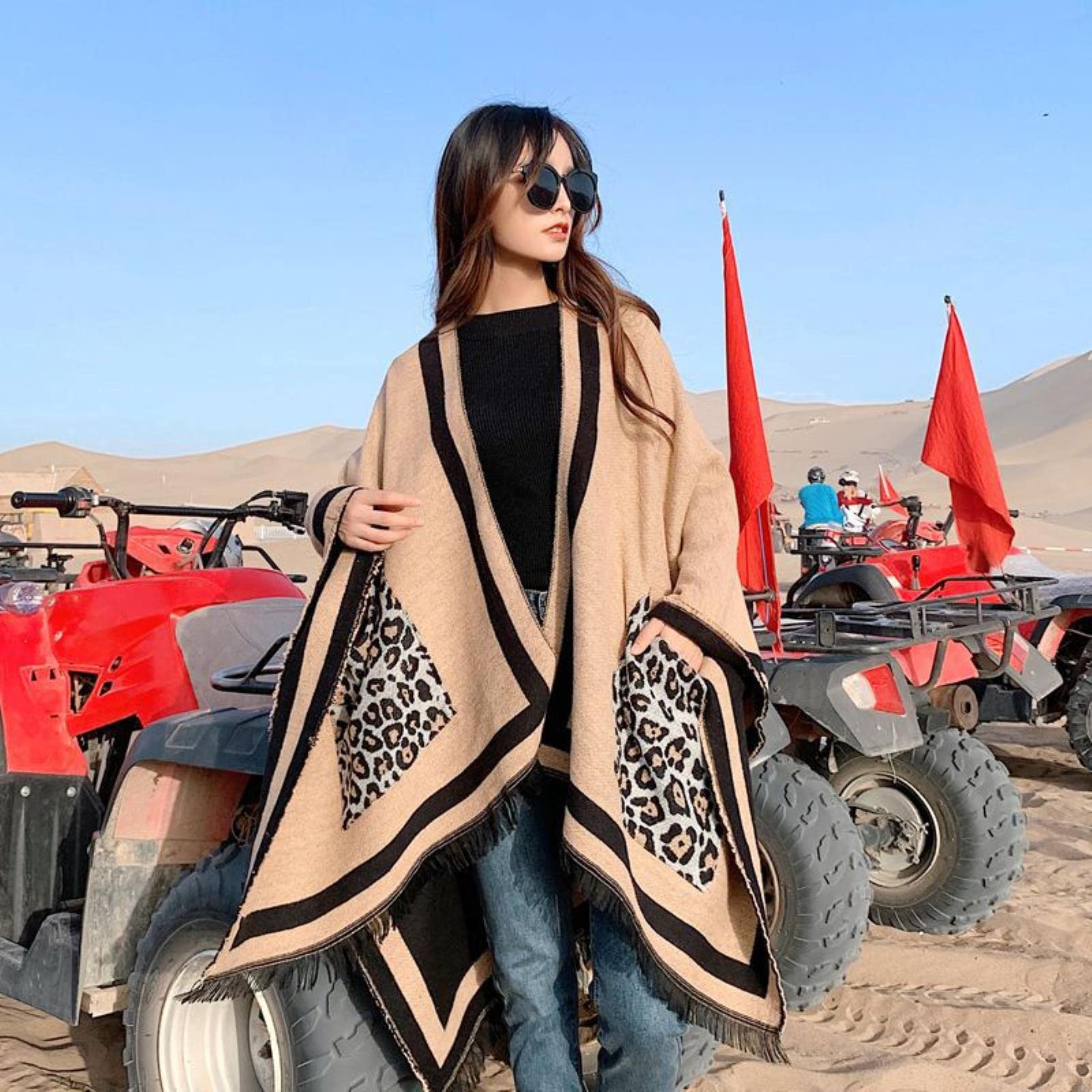 WALLBIG Bufanda de Cachemira con Estampado de Leopardo para Mujer a la Moda con Bolsillo Poncho de Invierno Chal Manta de Viaje Bufandas Pashmina