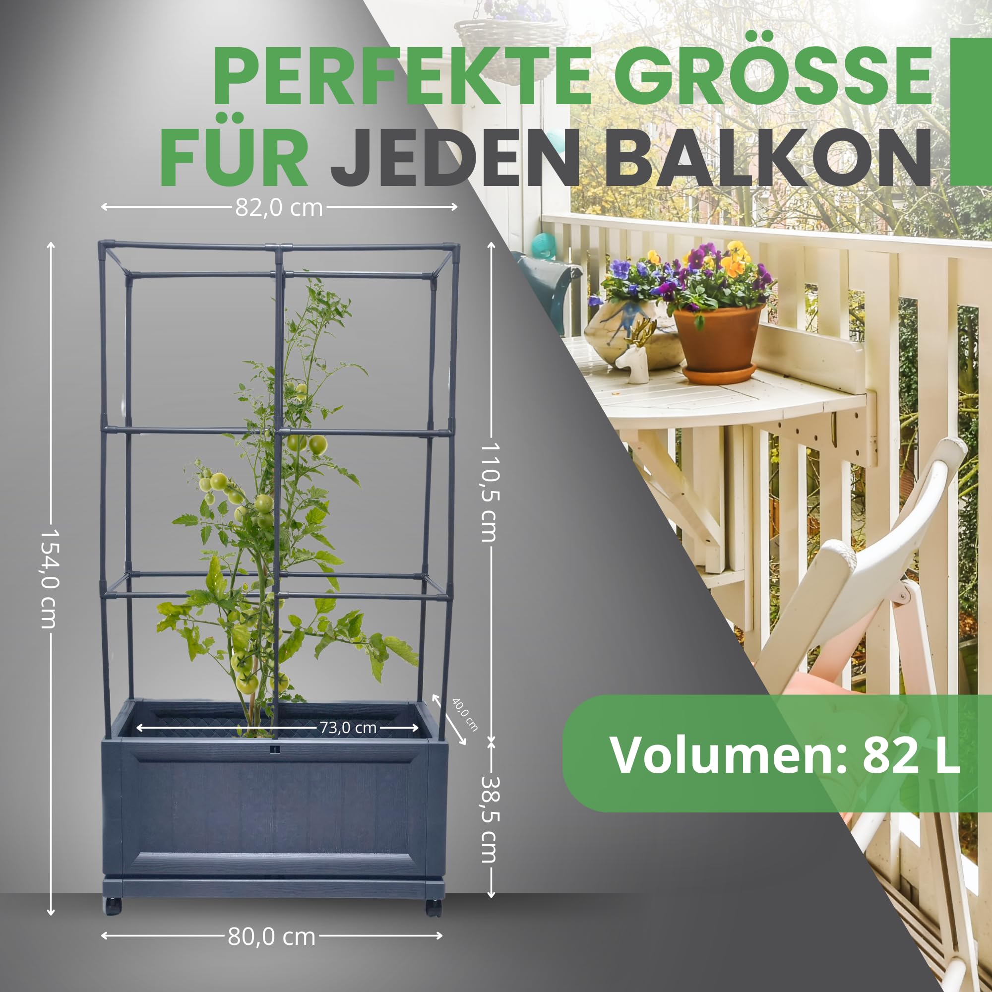 Balkon Gewächshaus Laura mit Pflanzkasten, Rankgitter &, Terrasse | Schutzfolie, Tomatengewächshaus, Tomatenzelt, Foliengewächshaus, Wetterfest, UV-beständig, Platzsparendes Urban Gardening