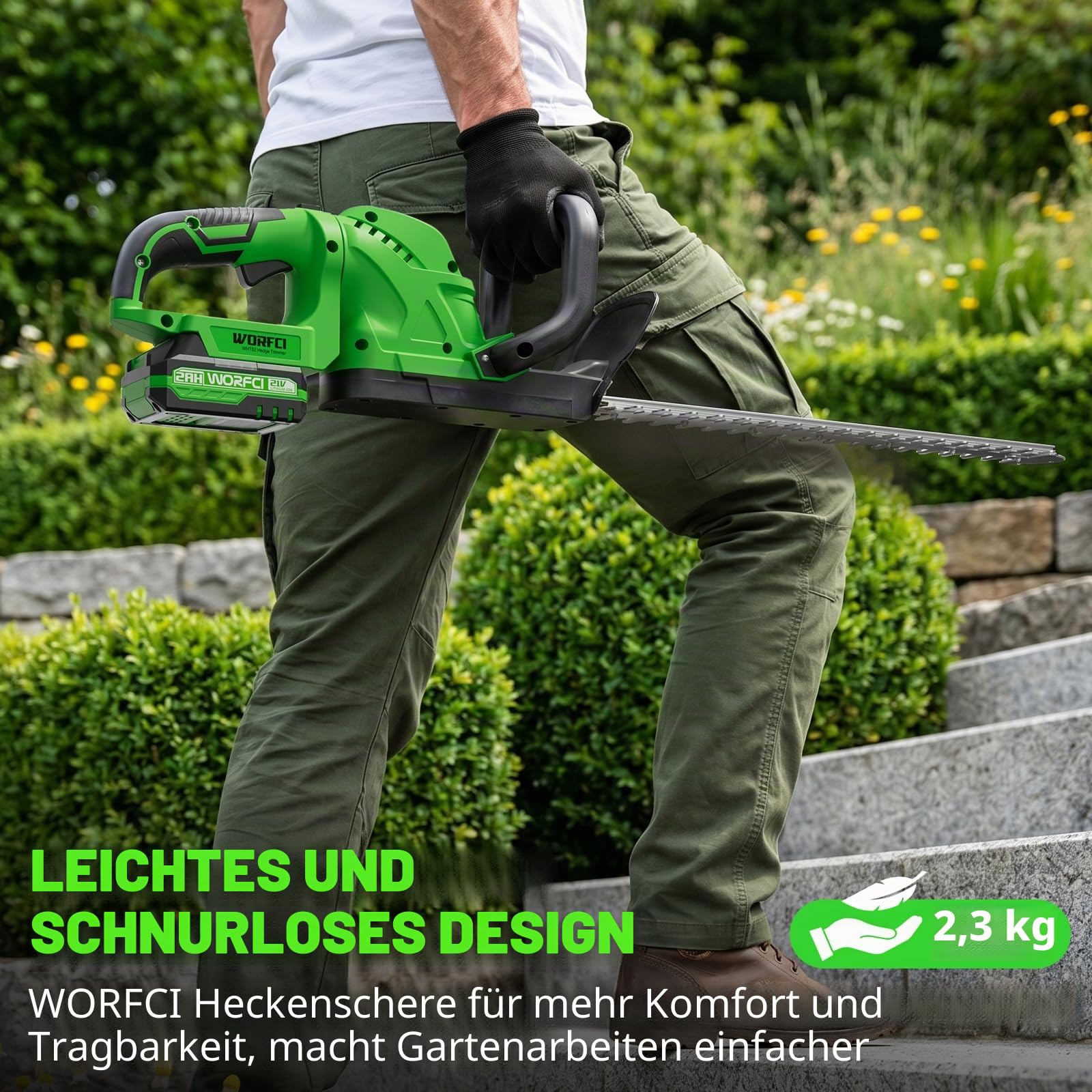 20 Zoll Akku-Heckenschere (inklusive 2 Akkus und Ladegerät), Elektrischer Hand-Bush-Trimmer, 180° drehbarer Griff, Grasstrauchschneider, Leicht & Kompakt Grün