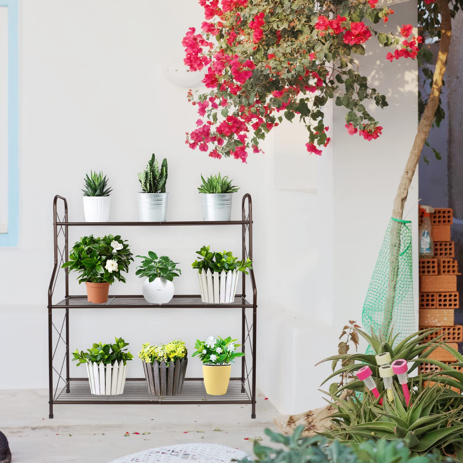 Mutool Support en métal à 3 niveaux pour plantes d'intérieur et d'extérieur, étagère d'angle pour plantes de jardin, balcon et terrasse, bronze