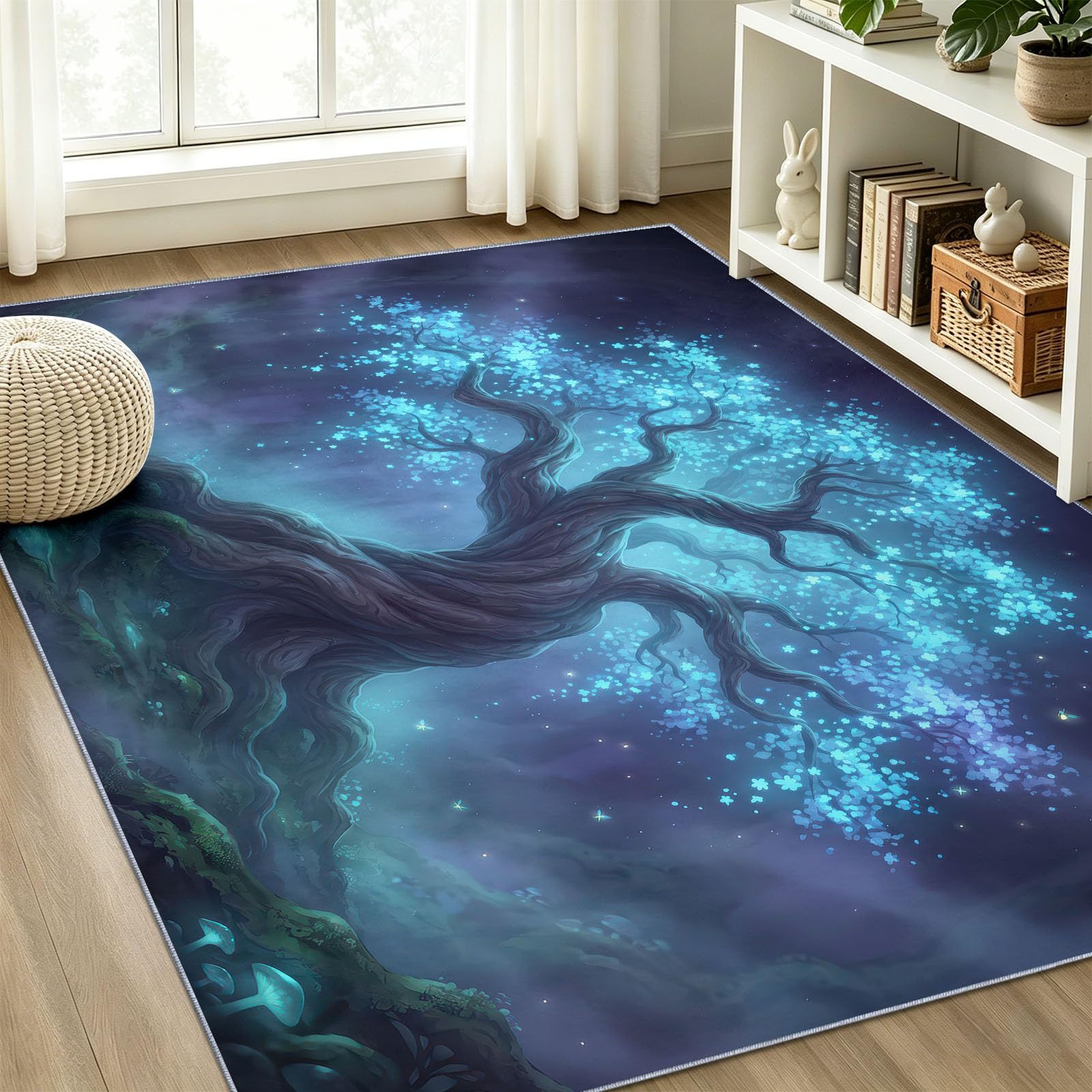 Tapis de Salon 160 x 230 cm, Bleu Onirique Forêt Poil Ras Tapis