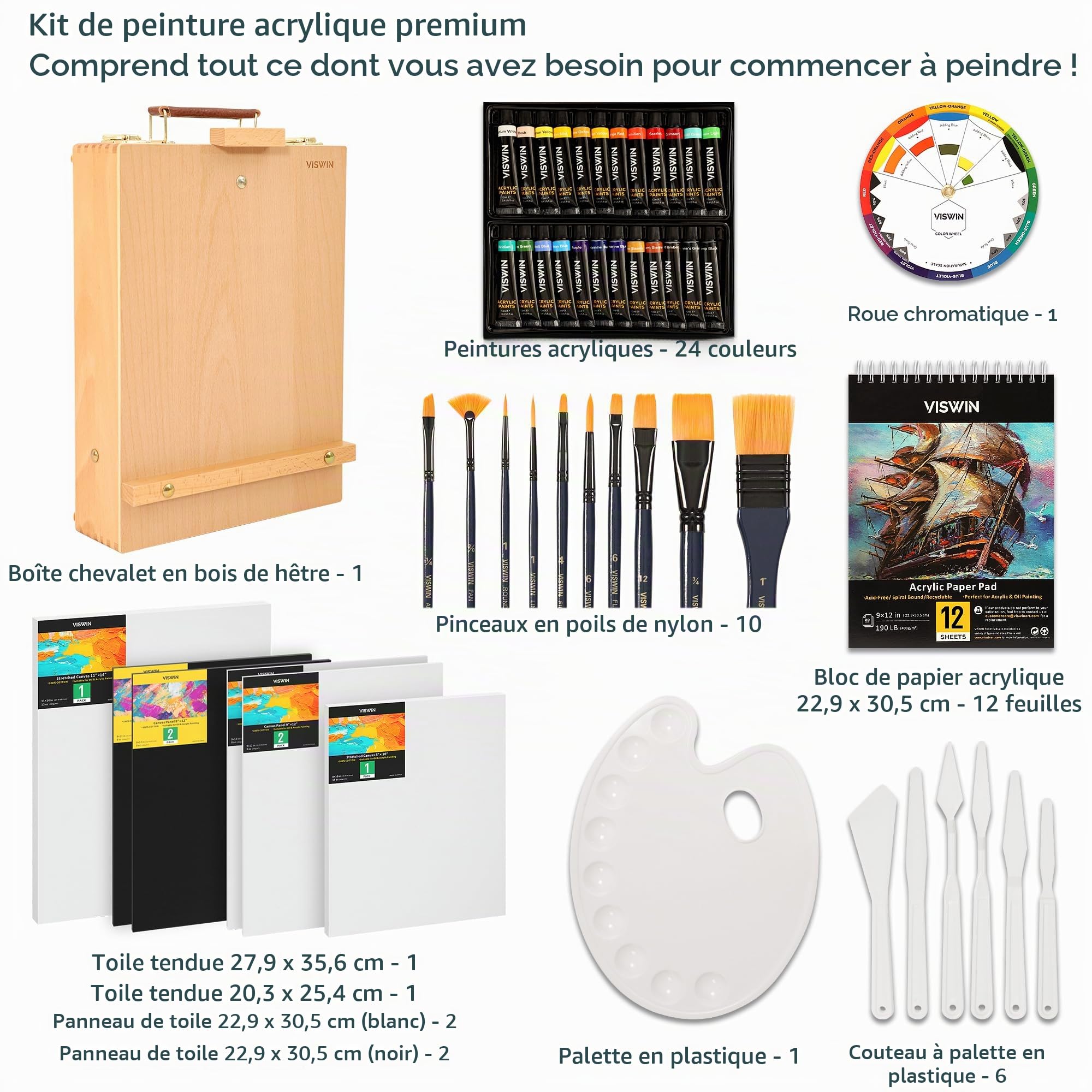 VISWIN Kit de Peinture Acrylique 62 Pièces avec Chevalet, Set Professionnel avec 24 Acryliques, Toiles, Pinceaux & Bloc, Matériel, Kit pour Adultes, Enfants, Artistes