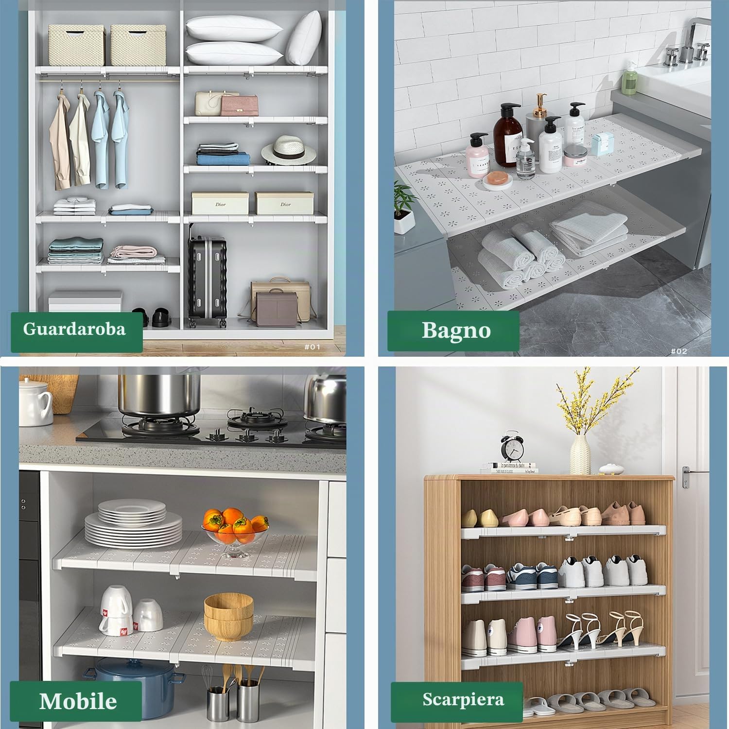 ETOPARS Mensola Regolabile per Armadio Estensibile Divisori per Scaffali Acciaio Inossidabile Telescopico Separatori Cucina Organizer Salvaspazio (Stilo2, Larghezza 24cm, Lunghezza 71-92cm)