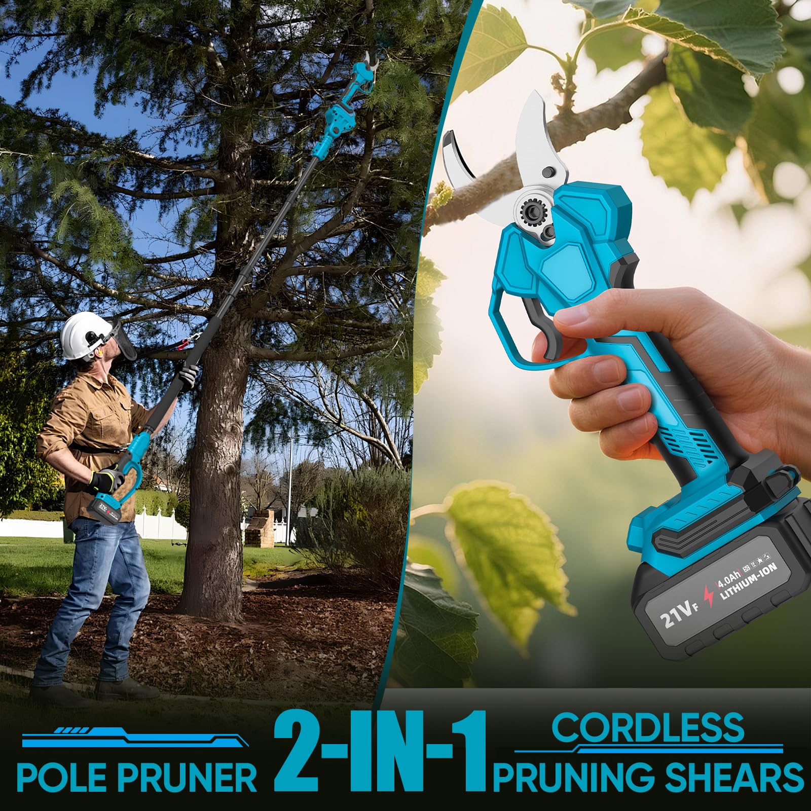 Sécateur Électrique Sans Fil avec Perche, 40MM Sécateur Électrique Télescopique avec 2 x 4,0Ah Batteries, Portée Maximale 1,6-2,8M, Moteur Brushless 1000W, Sécateur à Batterie pour Jardinage/Arbres