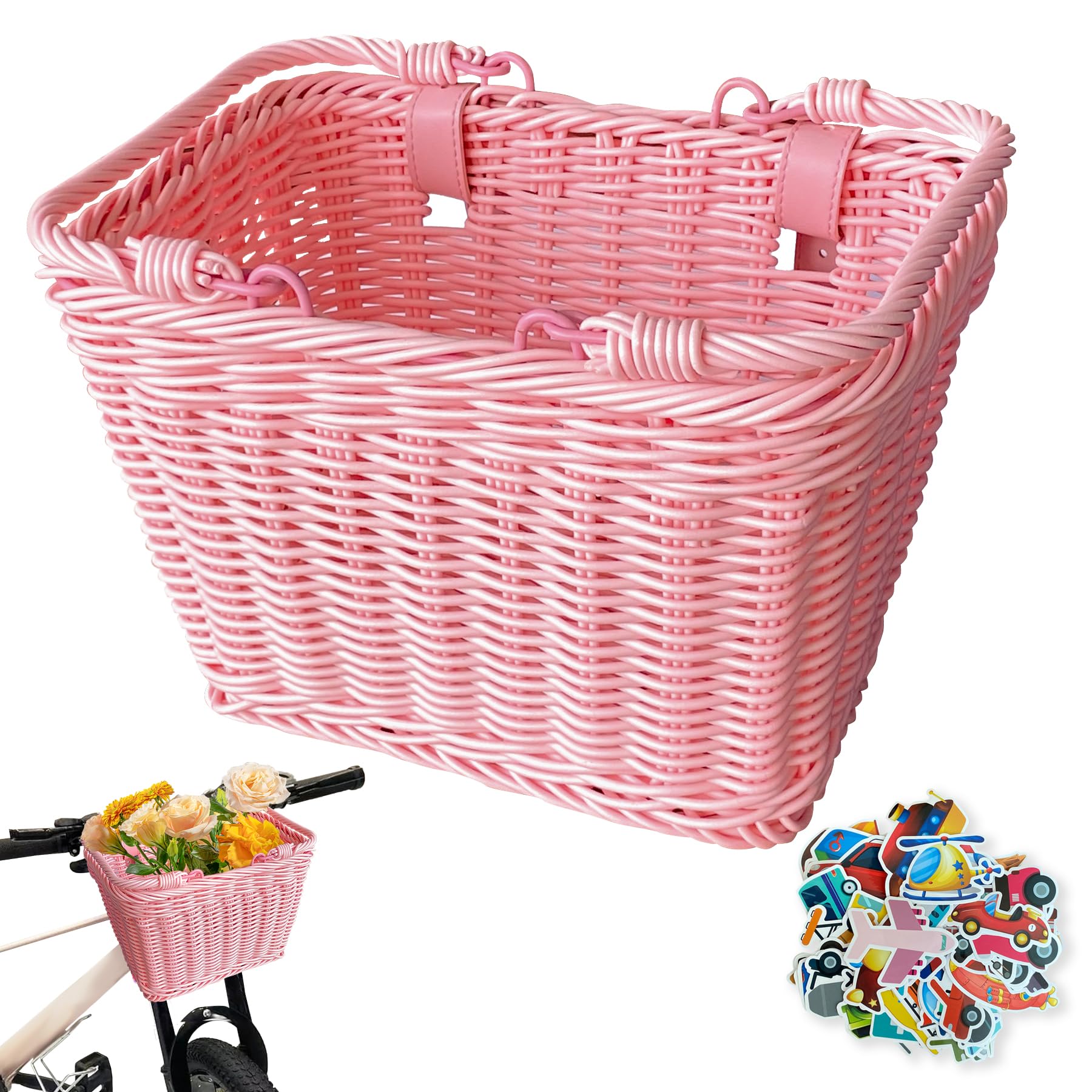 Kids Bike Basket Front, Kids Scooter Basket, Cute Square Wicker Bicycle Basket for Boys Girls, Detachable Handlebar with Adjustable Leather Straps