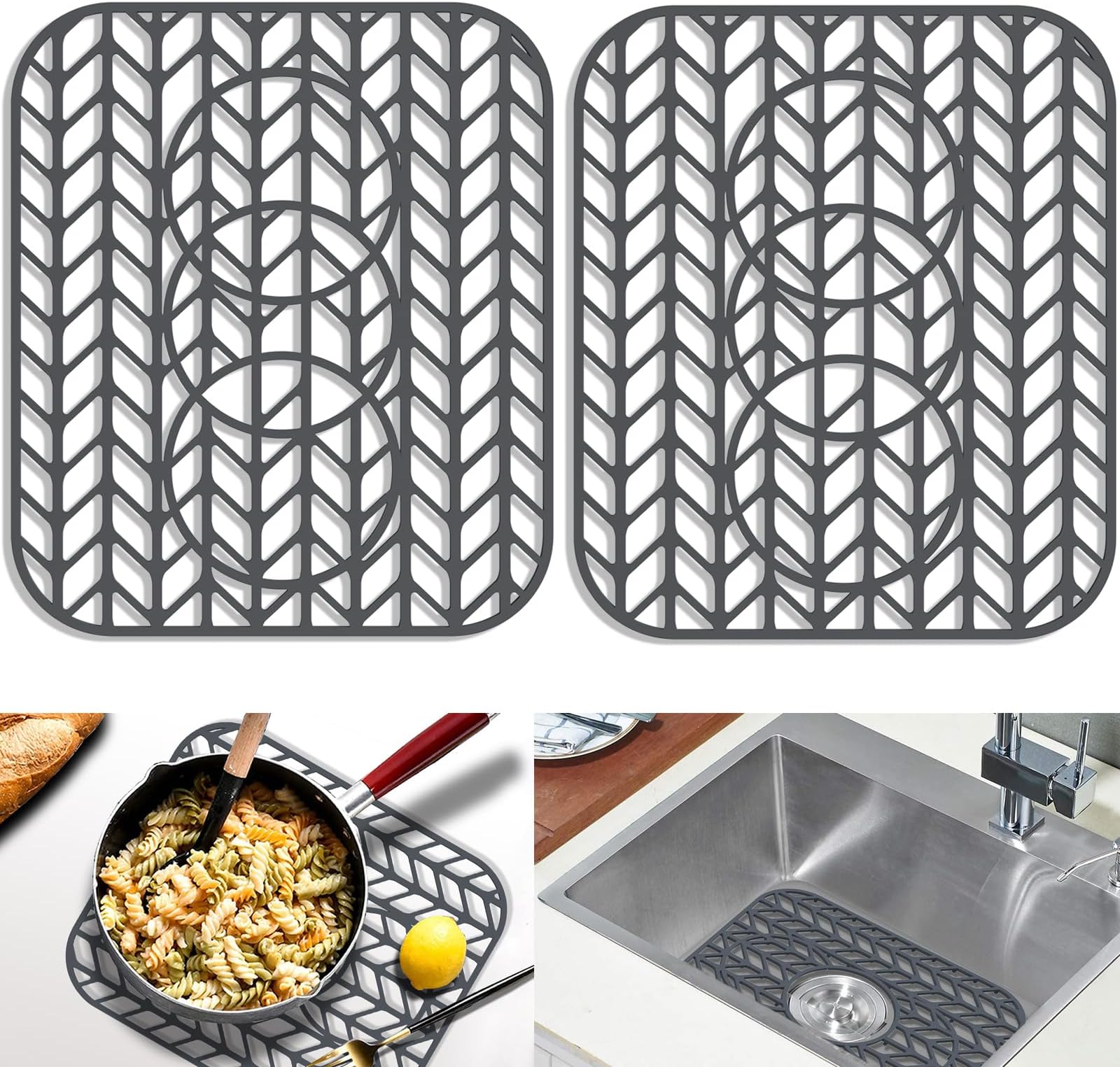 GUUKIN Sink Protectors for Kitchen sink, 13 5/8" x 11 5/8" Folding Non-slip Silicone Sink Mat Grid for Bottom of Farmhouse Stainless Steel Porcelain with 3 Reserved Holes Pack of 2