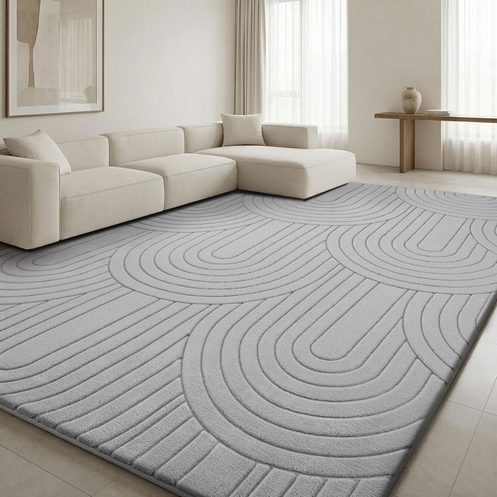 Treeboy Kurzflor Teppich Wohnzimmer, Teppich Groß, 3D Halbkreismuster Carpet, Waschbarer Teppiche Schlafzimmer Flauschige Rugs, Teppiche Gegend Mit Rutschmatte