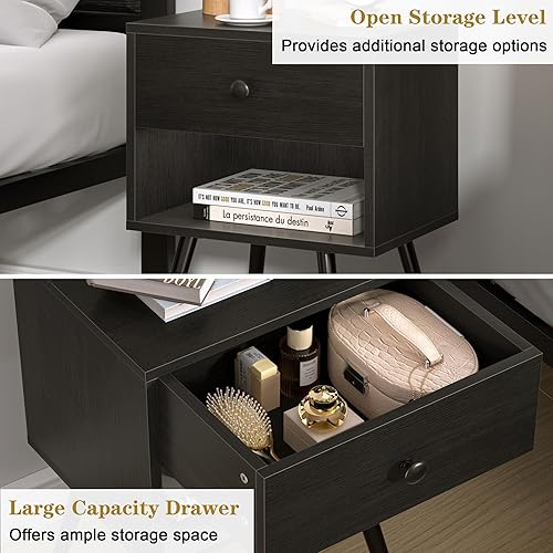 Miniatura 5 de VECELO Juego de 2 mesitas de noche, mesa de noche moderna de mediados de siglo, mesita de noche con cajón de almacenamiento y estante abierto de 2