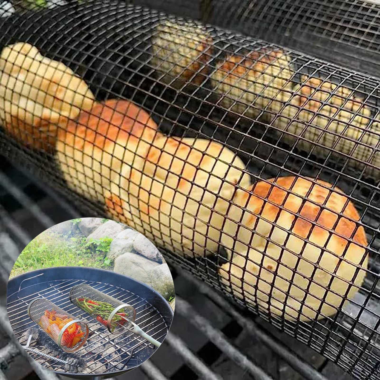 BAtlam Cestello per griglia Rotante, cestello per griglia cilindrica in Rete di Acciaio Inossidabile, per Verdure, gamberi, Pesce, Accessorio per Grigliare (Grande + Piccolo)