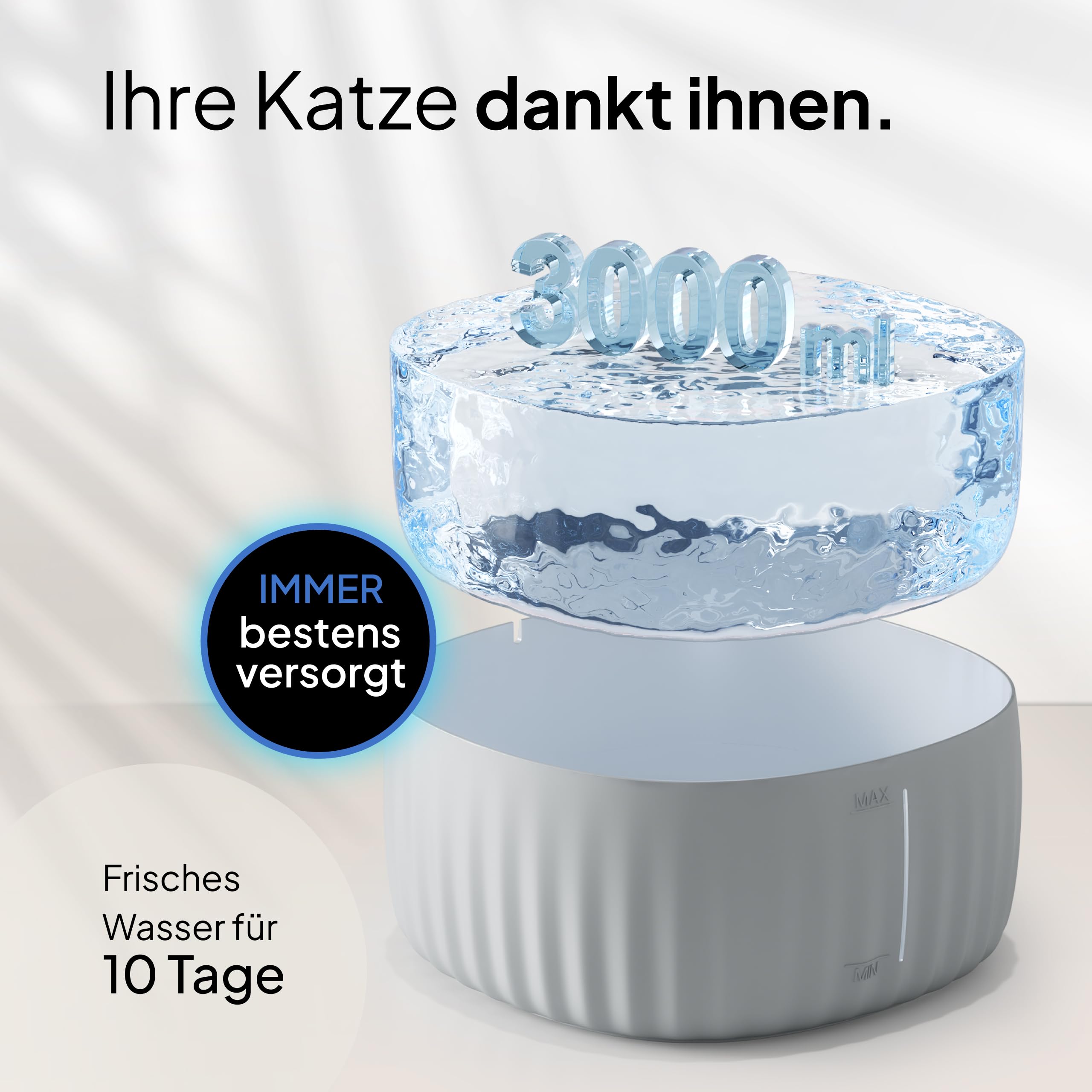 PrettyPaw Katzenbrunnen - Super leiser, BPA-freier 3L Trinkbrunnen für Katze mit LED und Aktivkohlefilter - Leicht zu reinigender Katzen Trinkbrunnen - Aqua Flow (Grau)