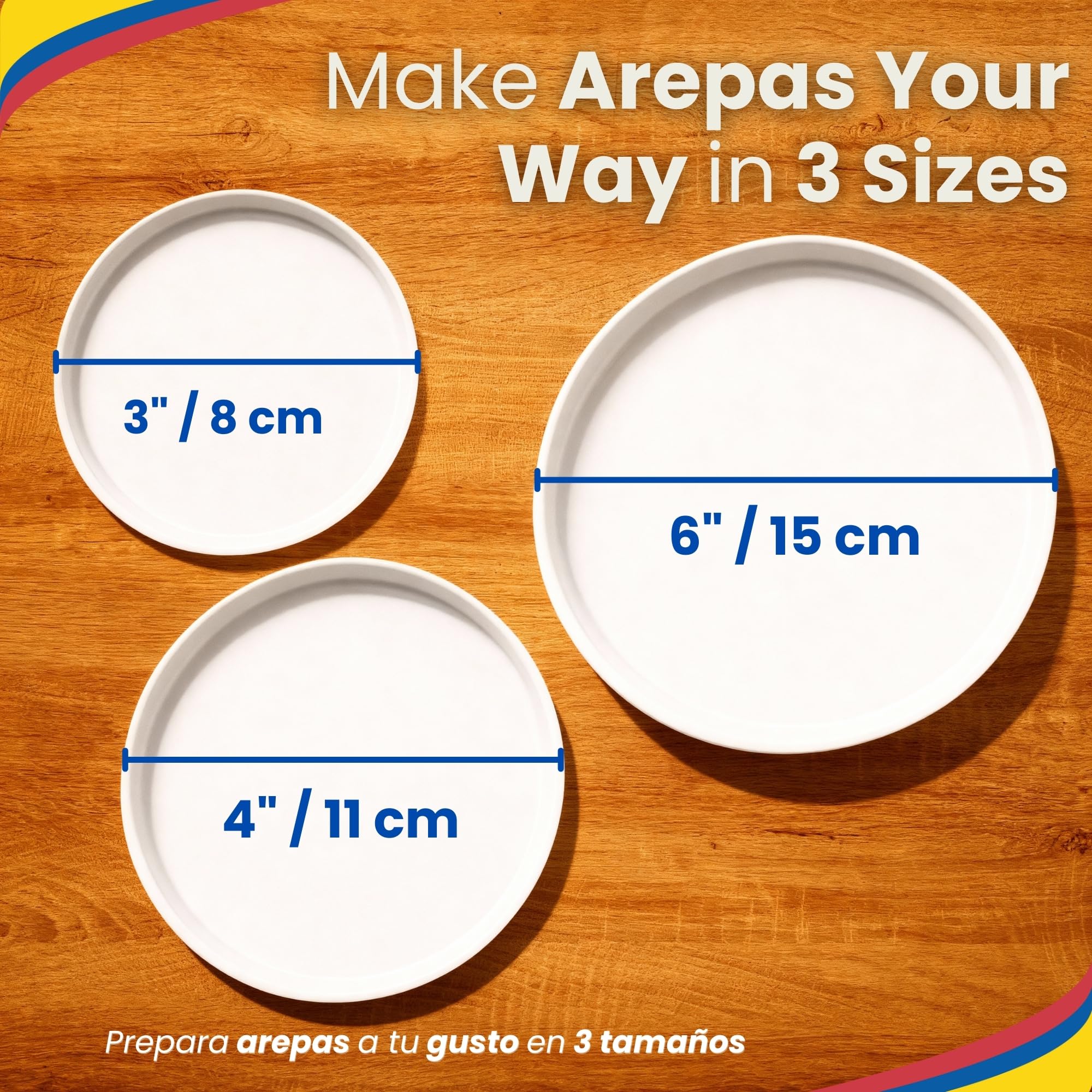 Molde para arepas – 3 tamaños (5.9 pulgadas, 4.3 pulgadas, 3.1 pulgadas) y doble grosor para Arepas colombianas perfectas, gorditas y más – Herramienta de cocina duradera, apta para alimentos, fácil