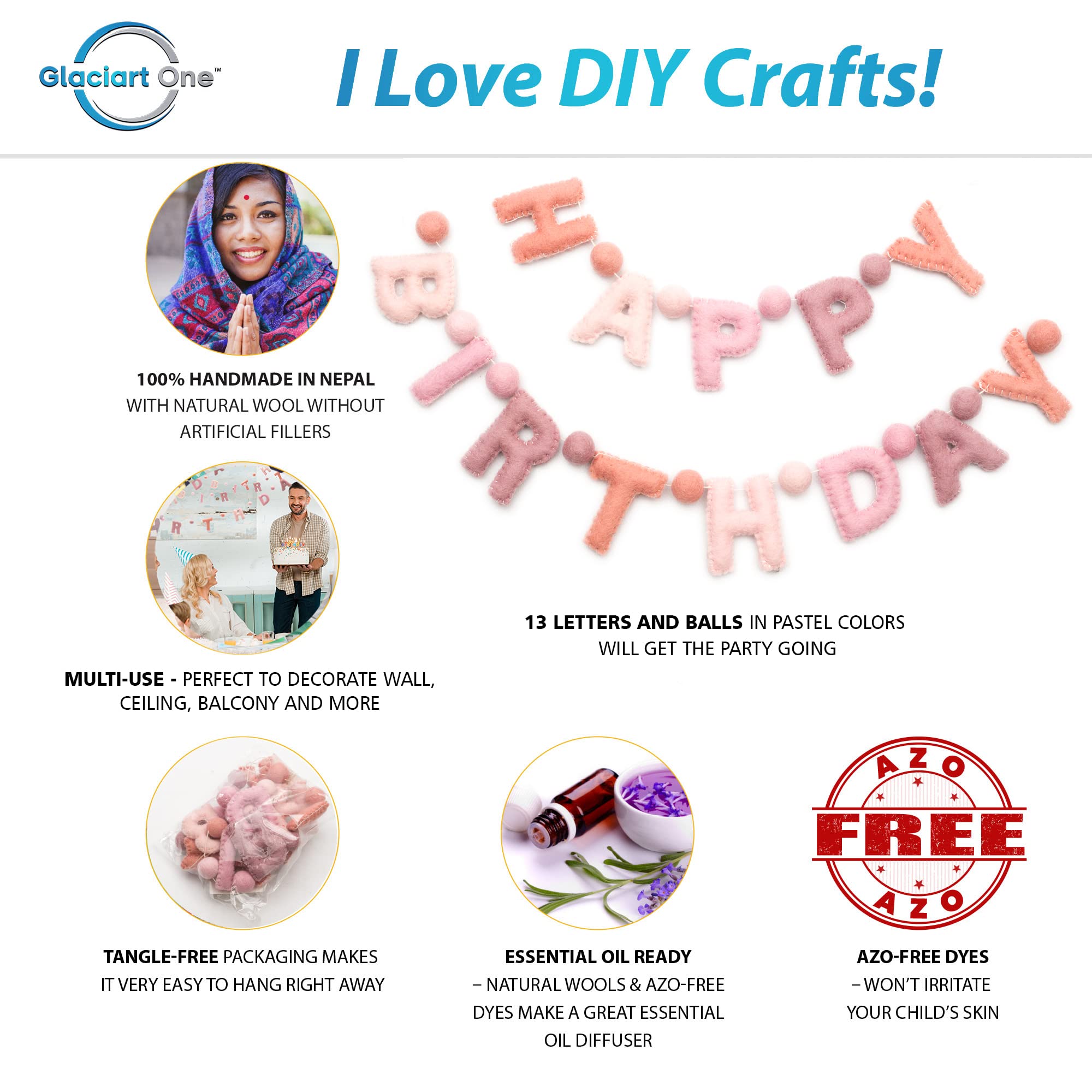 Aazon.co: Glaciart One Happy Birthday Garland - Natural Handade Wool