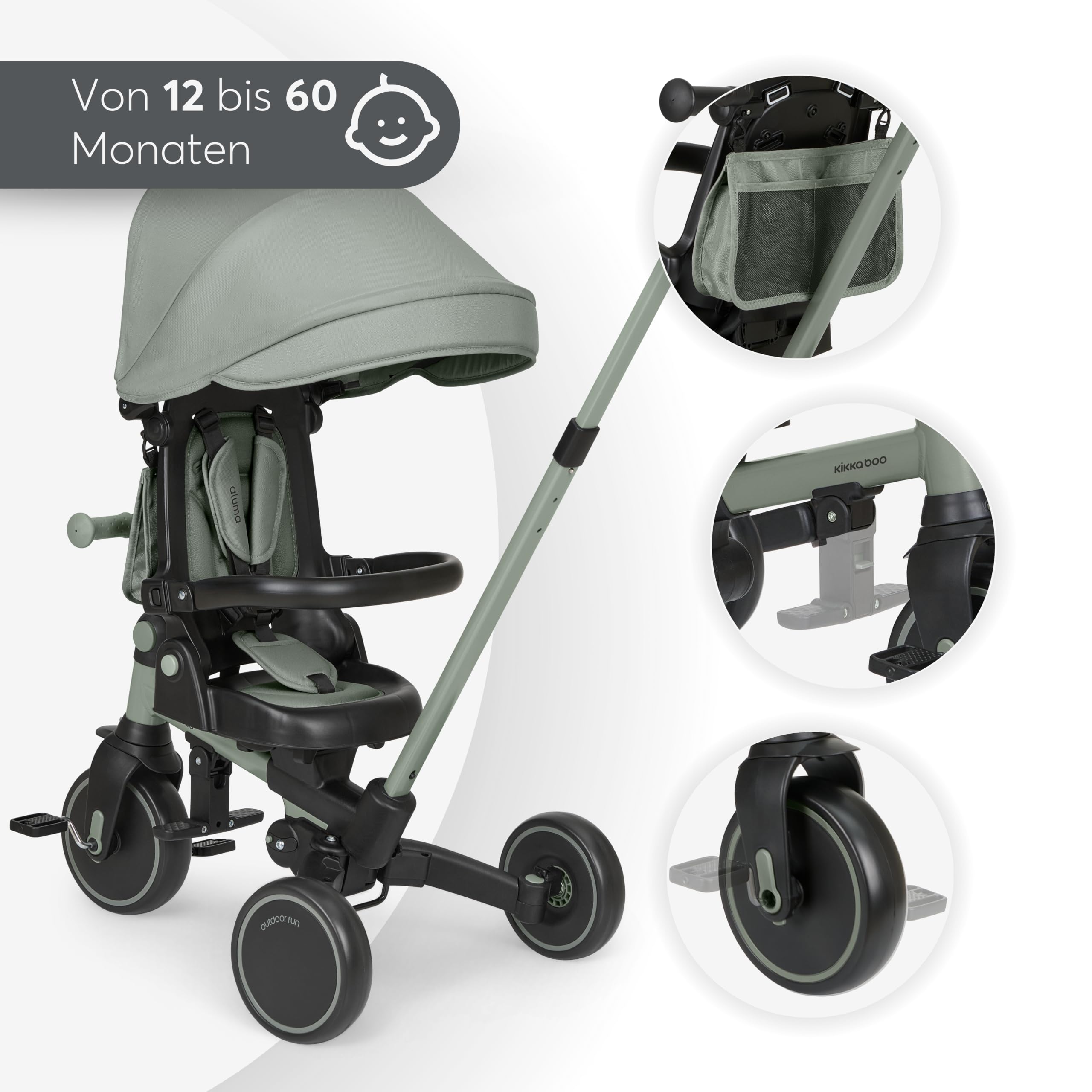 KikkaBoo Dreirad ab 1 Jahr mit Schubstange 8-in-1 ALUMA, Faltbares Kinderfahrzeug mit Drehbarem Sitz, 5-Punkt-Gurt, Aluminiumrahmen, Grün