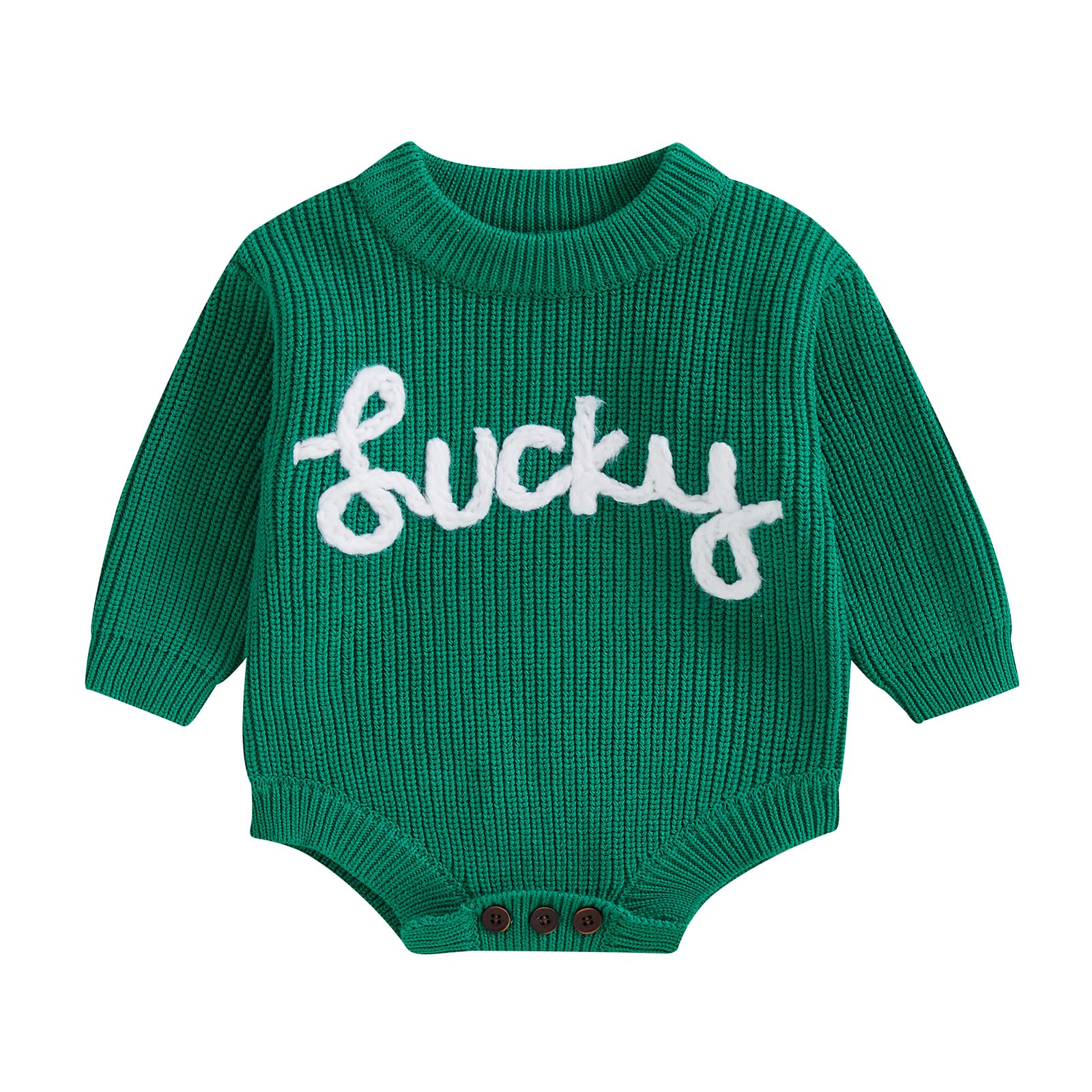 Mobbdow Newborn Baby Boy Girl St Patricks Day Outfit Embroidery Knit Sweater Bubble Romper Oversized Long Sleeve Bodysuit (A-Green, 0-3 Months)