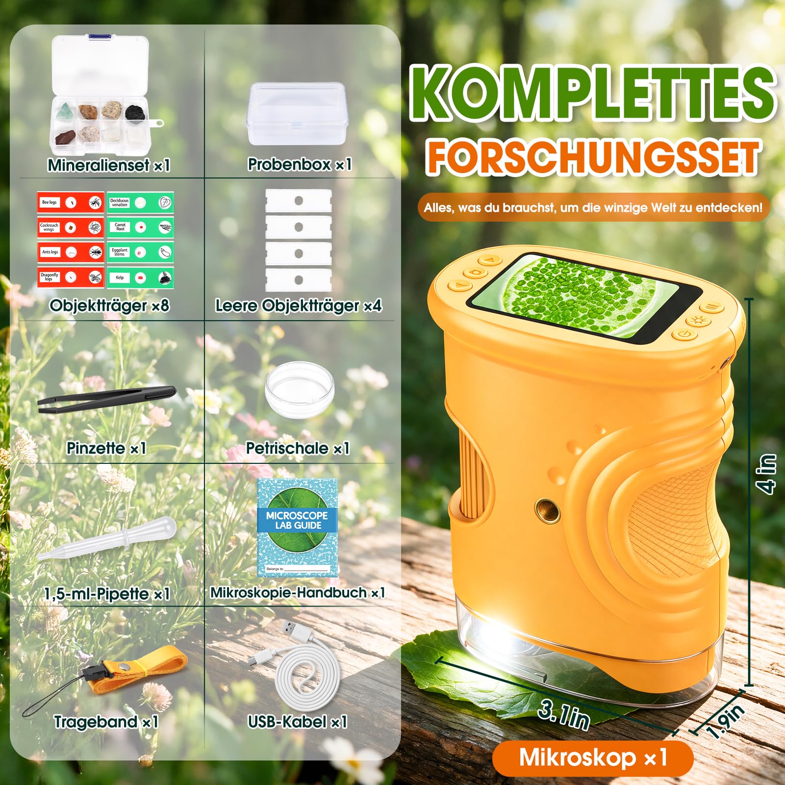 Digitales Mikroskop für Kinder mit 1000-facher Vergrößerung – Taschenmikroskop mit Objektträgern, Foto- und Videoaufnahme, für Garten, Wald und Experimente, Geschenk Spielzeug ab 3-12 Jahre Jungen