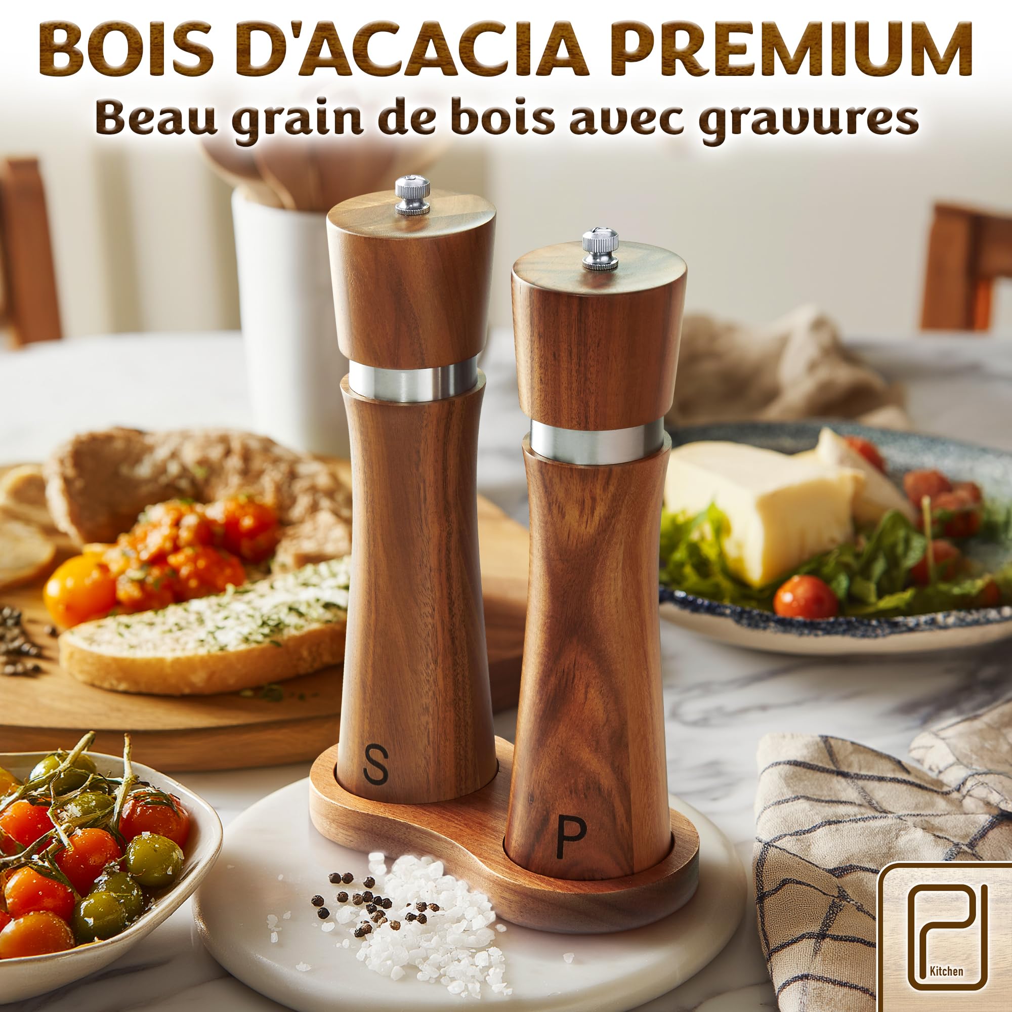 PJC-Kitchen Ensemble de Moulins à Sel et Poivre en Bois d’Acacia avec Plateau - 60 g
