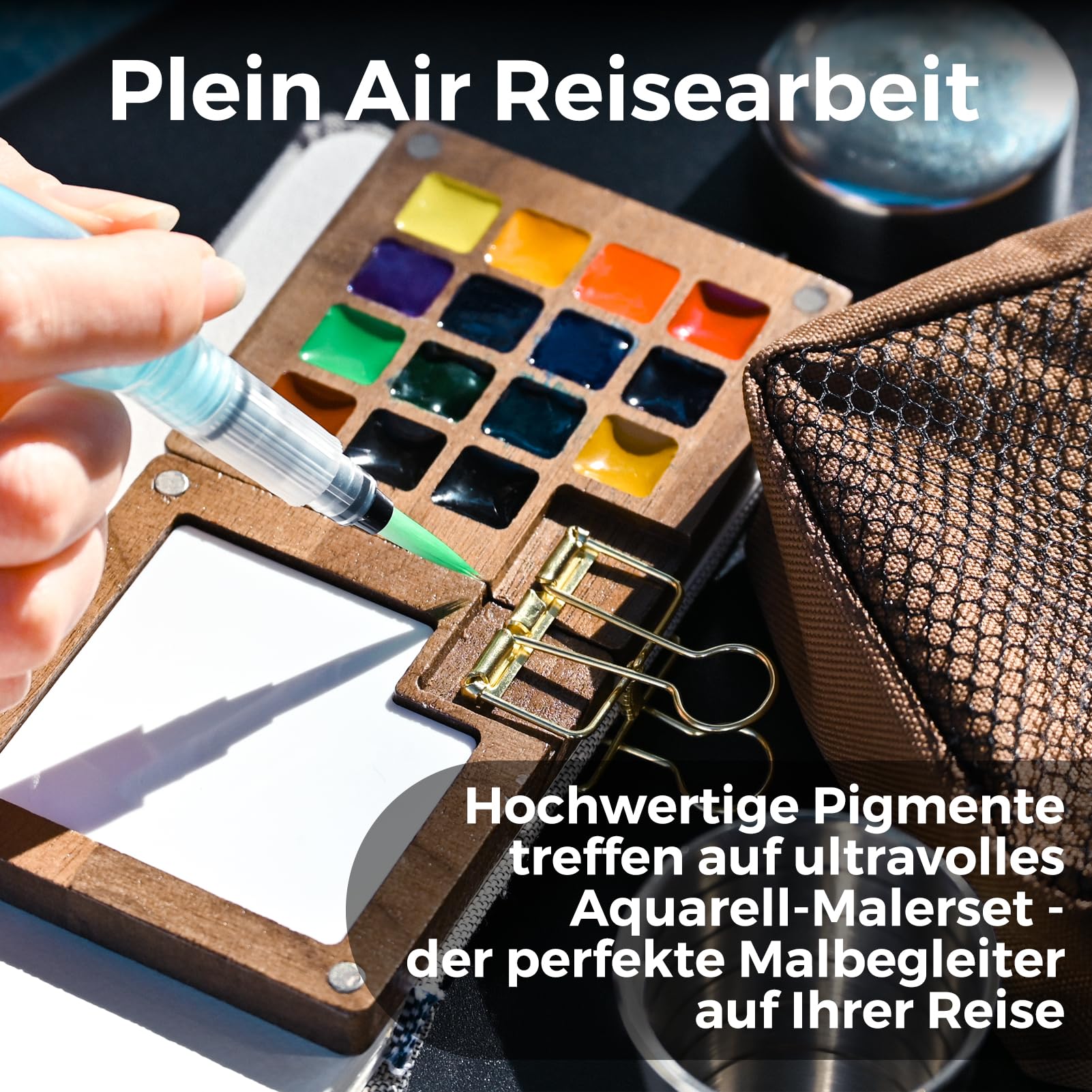 Funto Mini Wasserfarben-Set, All-In-One Nussholz 8-Farben Premium Pocket Travel Paint Kit, mit Crossbody-Tasche, Wasserfarben-Tagebuch, Metallklammer, Malwassertasse