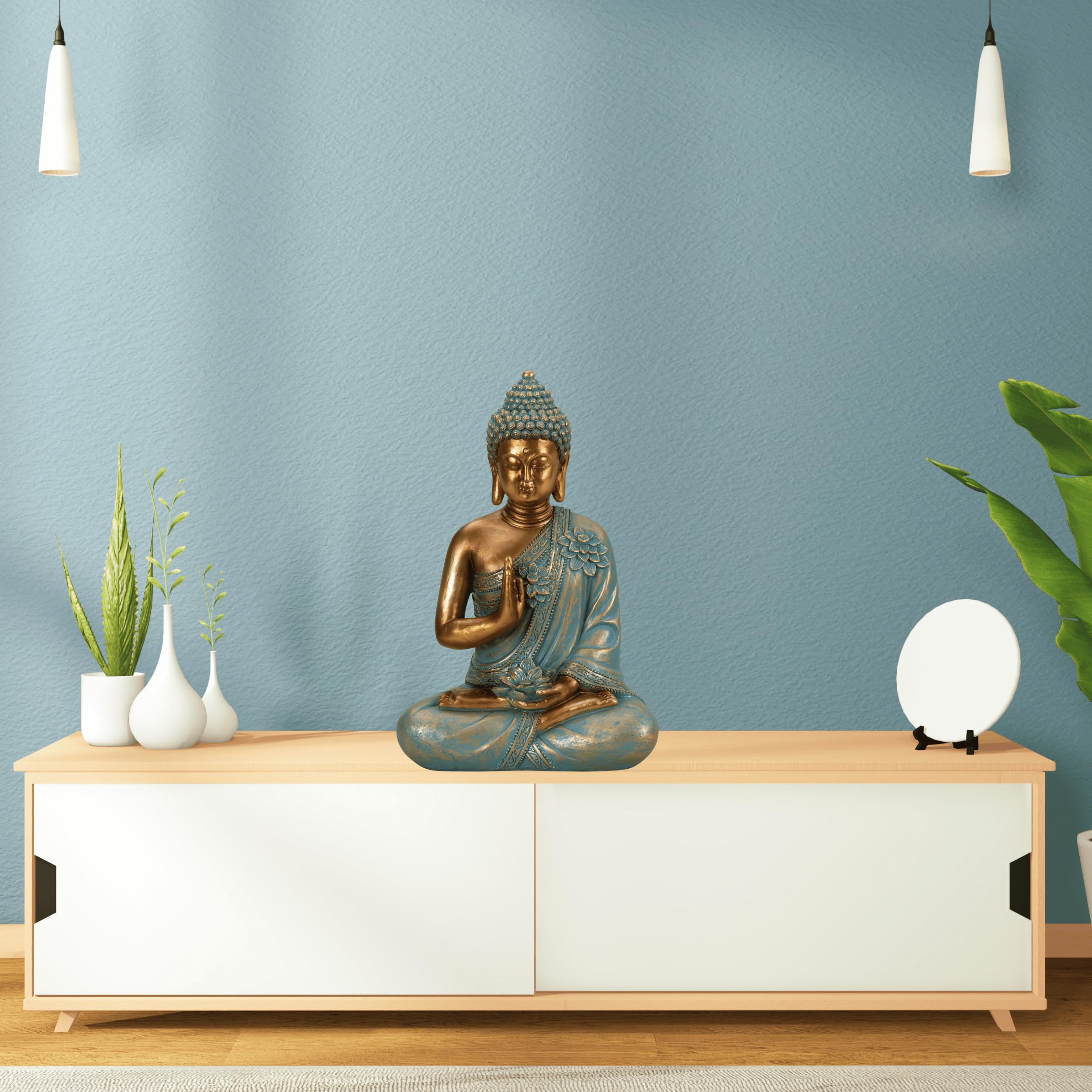 Lifestyle & More Escultura decorativa de Buda de piedra artificial dorada/verde menta altura 31 cm ancho 21 cm