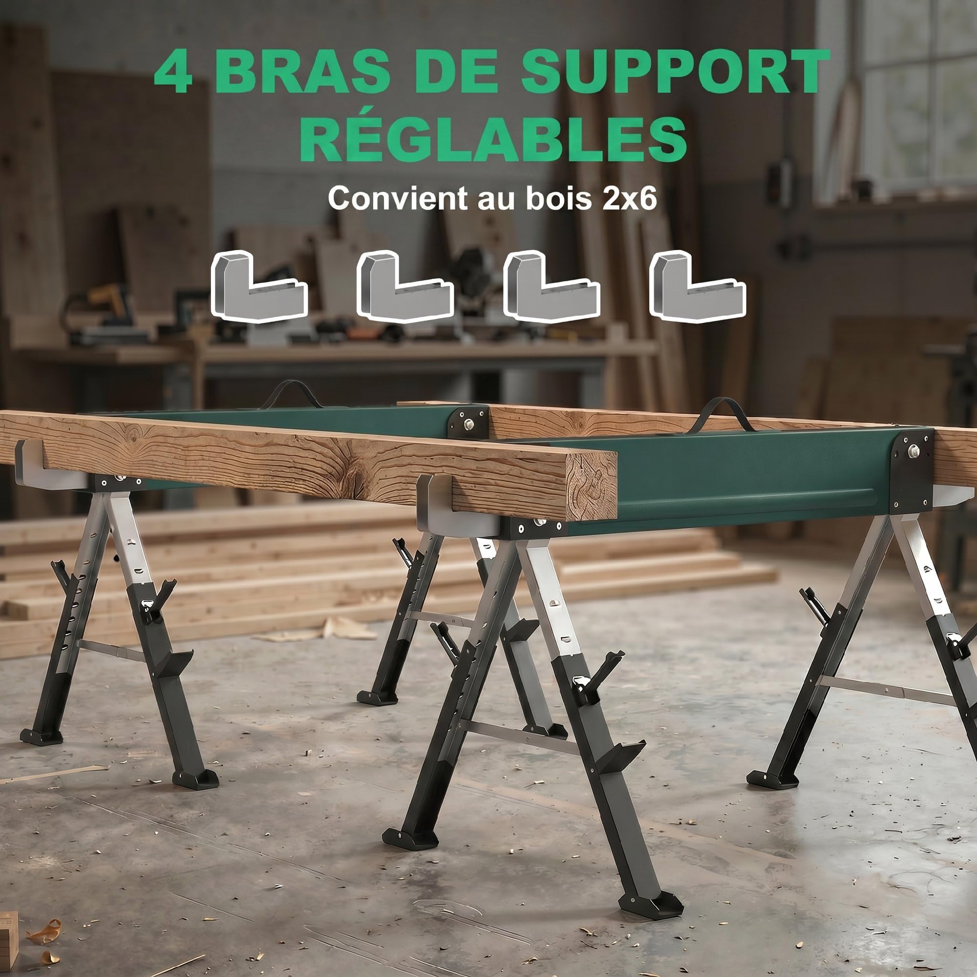 HOMCOM Lot de 2 Tréteaux Pliables en Métal, Charge Max. 1160 kg, Tréteaux Portables, Hauteur Réglable 64-81cm, Poignée de Transport, Support 2x6, pour Bricolage, Sciage, 116 x 64 x 81 cm, Vert