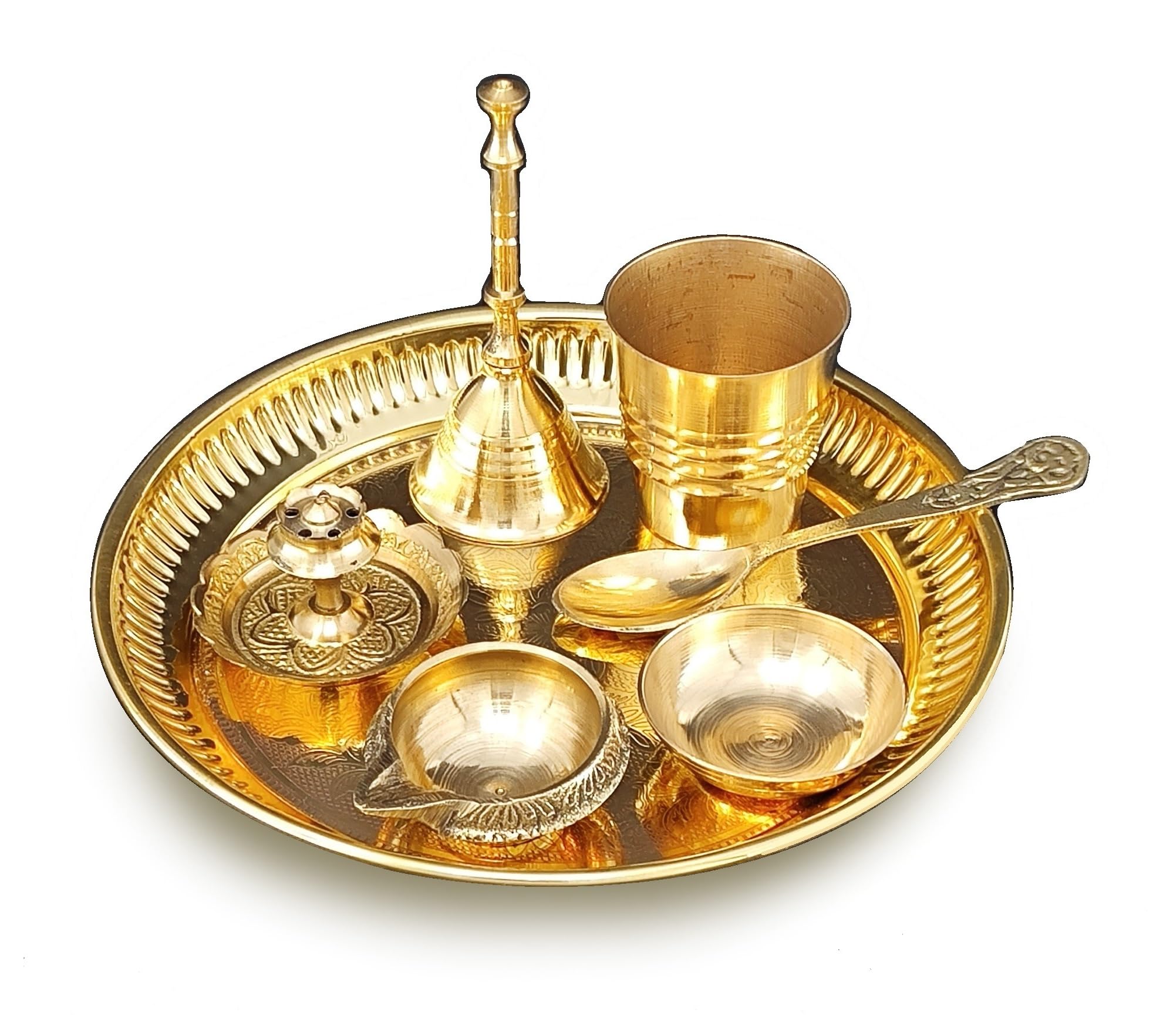 BENGALEN Brass Pooja Thali Set Small 6 Inch Puja Thali with Pital Plate Chandan Wati Kalash Kuber Diya Ghanti Palli Arti Thali for Diwali Home Office Mandir Wedding Return Gift Items 3