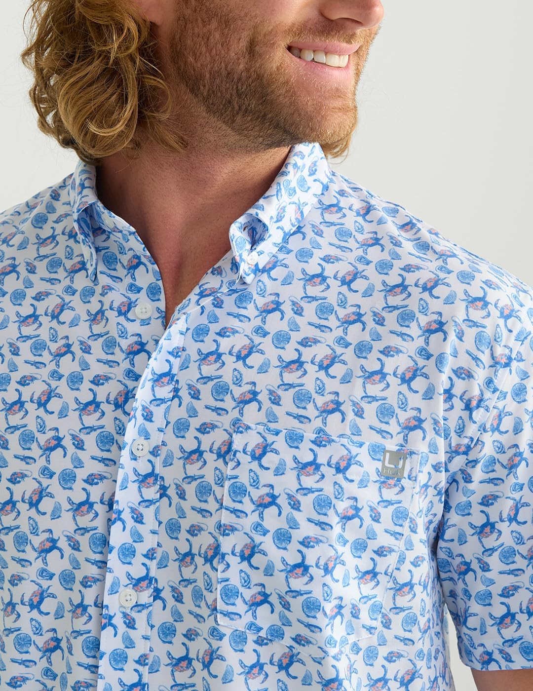 HUK Mens Kona Pattern Short Sleeve Fishing Button Down Shirt, Fresh Salmon, Medium - Image 3