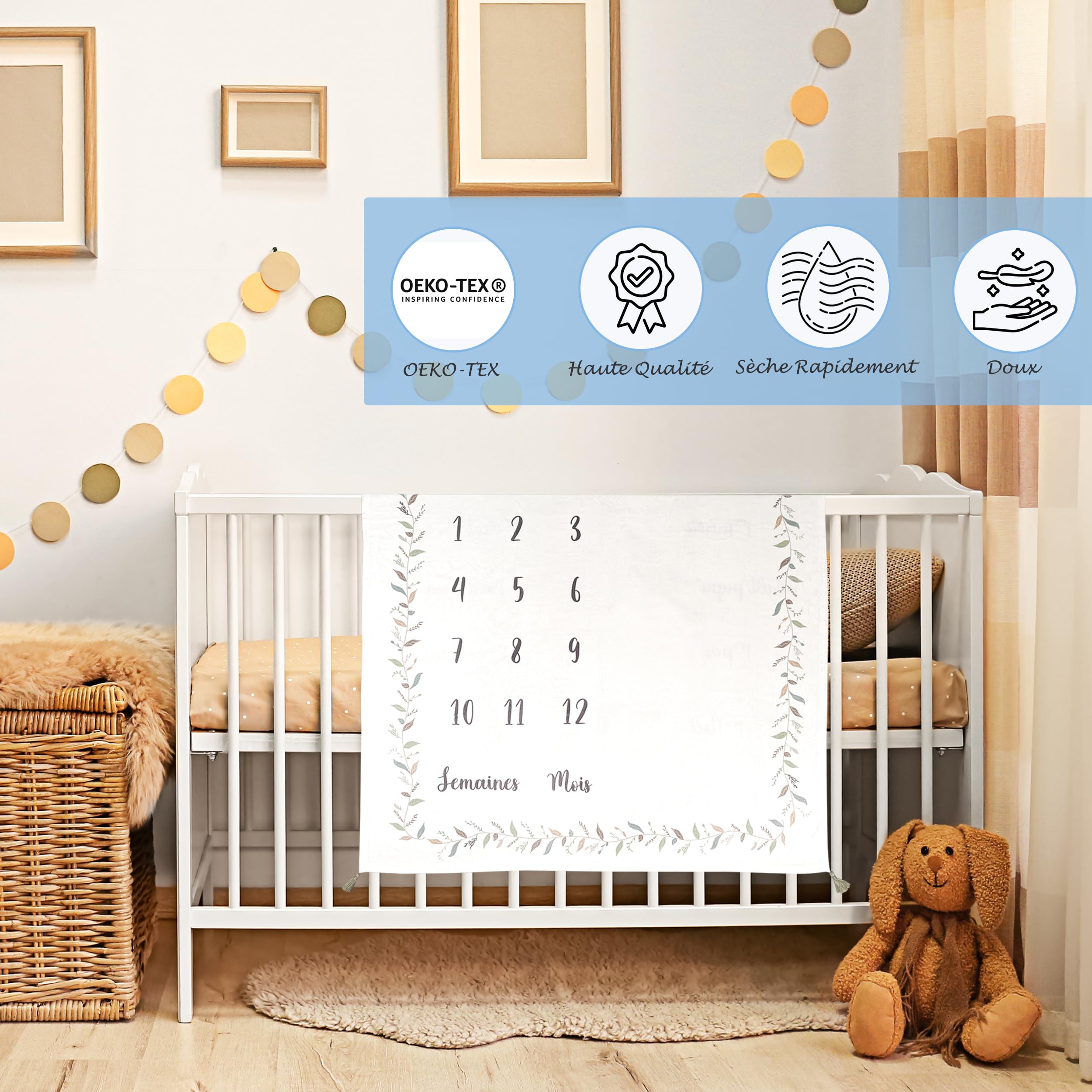 Babyfun Couverture Etape Bebe Imprimée Double Face – Tapis Mois Bebe en Français - Tapis Photo Bebe Mois - Cadeau Naissance Fille ou garçon - Label Oeko-TEX - Accessoires et Boite Cadeau Inclus