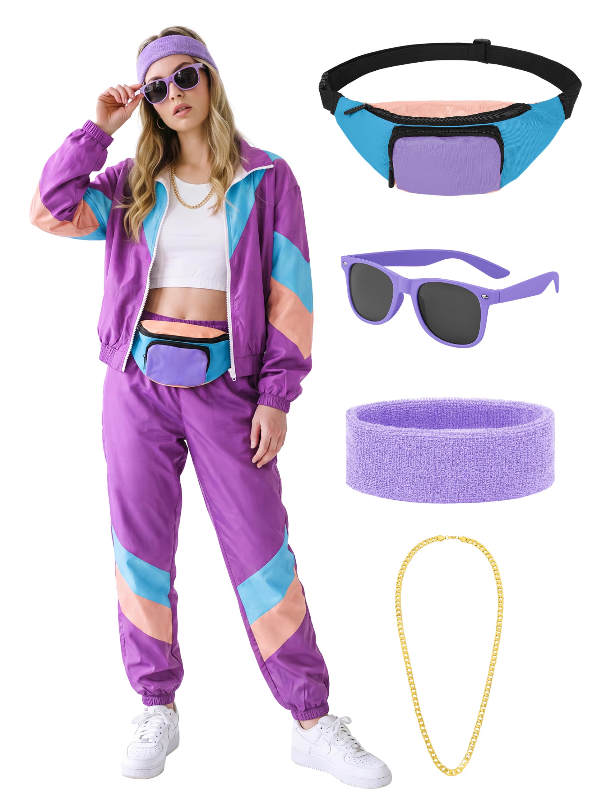 SOMSOC 7 Pieces 80s Tracksuit for Women 90s Windbreaker Sweatpants Outfit Color Block Jacket with Fanny Pack Accessories