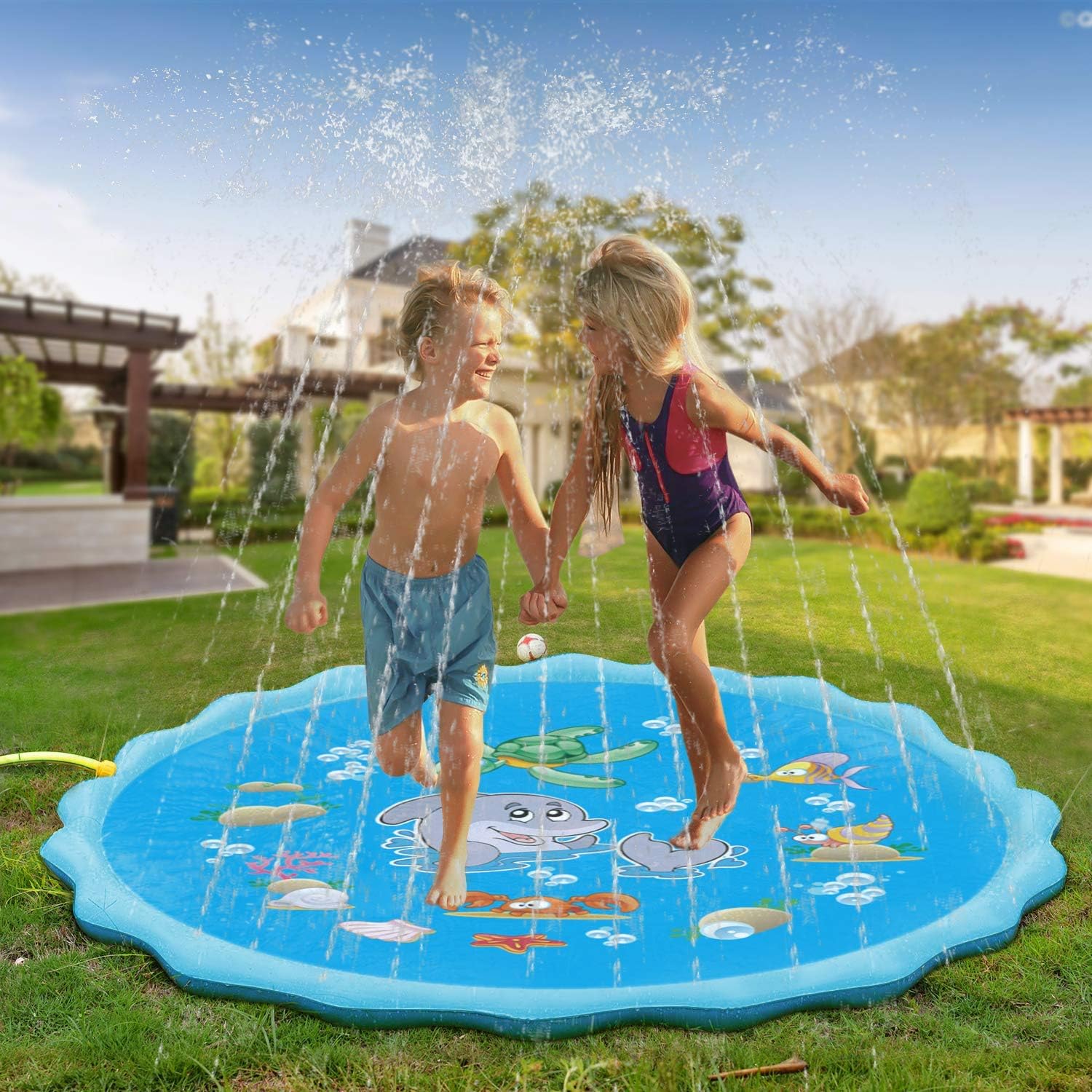 QPAU Sprinkle and Splash Play Mat, Extra Large 172CM Water Play Mat, Outdoor GardenToys Summer Spray Game for Kids Toddlers Age 3-5