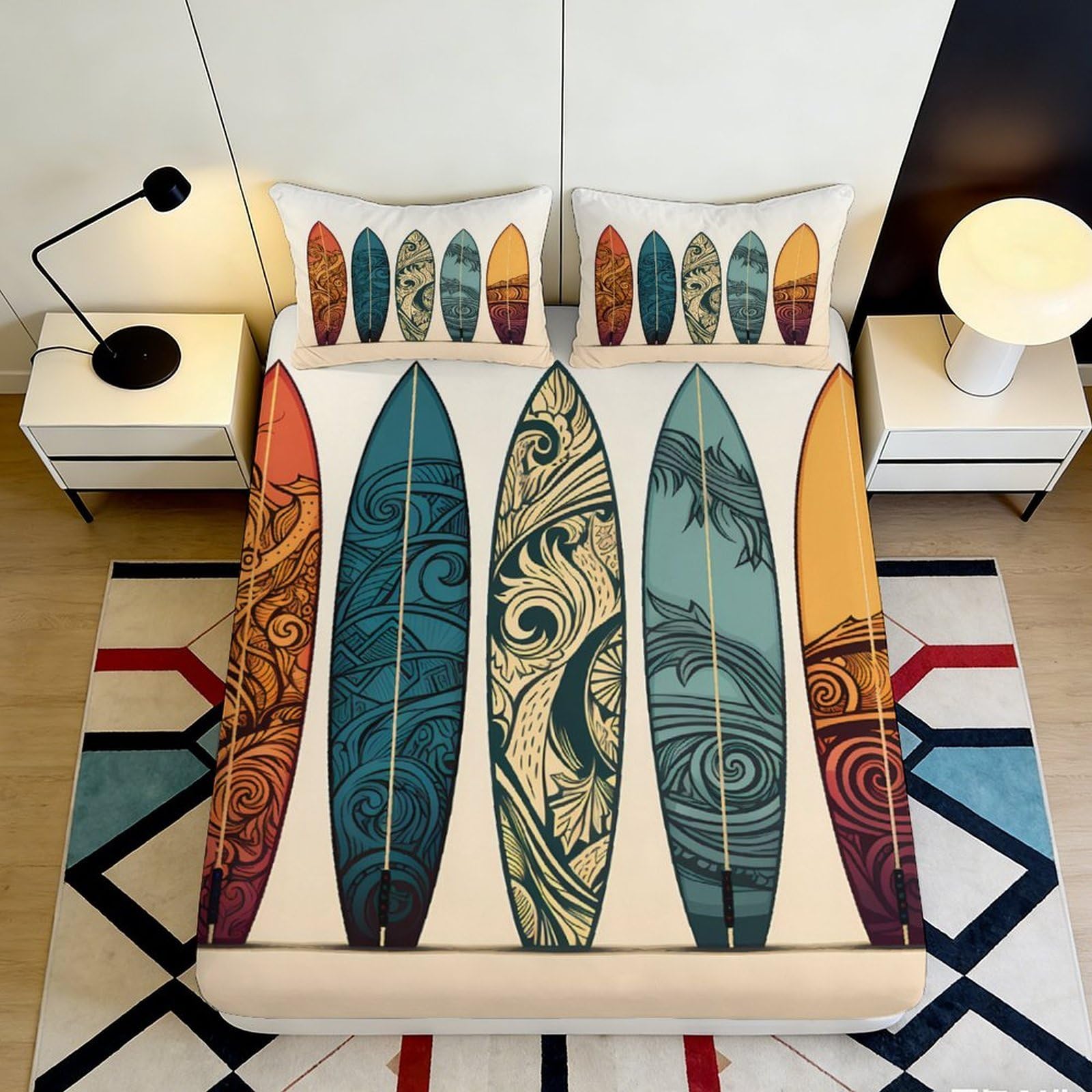 3D Printed Surfboard Pattern Fitted Sheet Microfiber Soft Durable 3D Printed Tribal Surf Design Mattress Cover for Bedroom Dormitory Guest Room 120x200x25cm