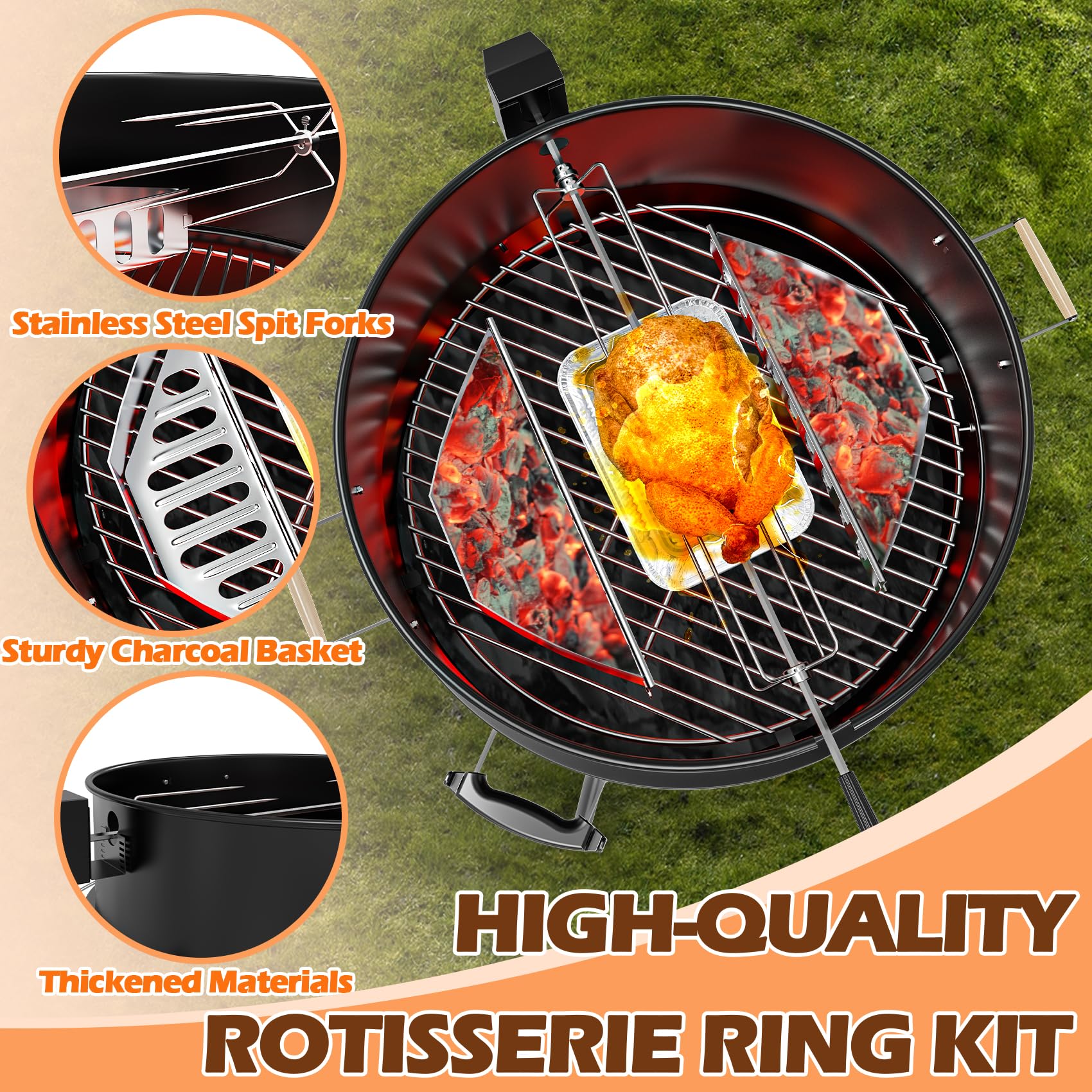 Kit de asador mejorado para parrillas Weber de carbón de 22 pulgadas, kit de parrilla para parrillas Weber y otras parrillas de tamaño similar, con asas, cestas de carbón, 10 bandejas de goteo 3