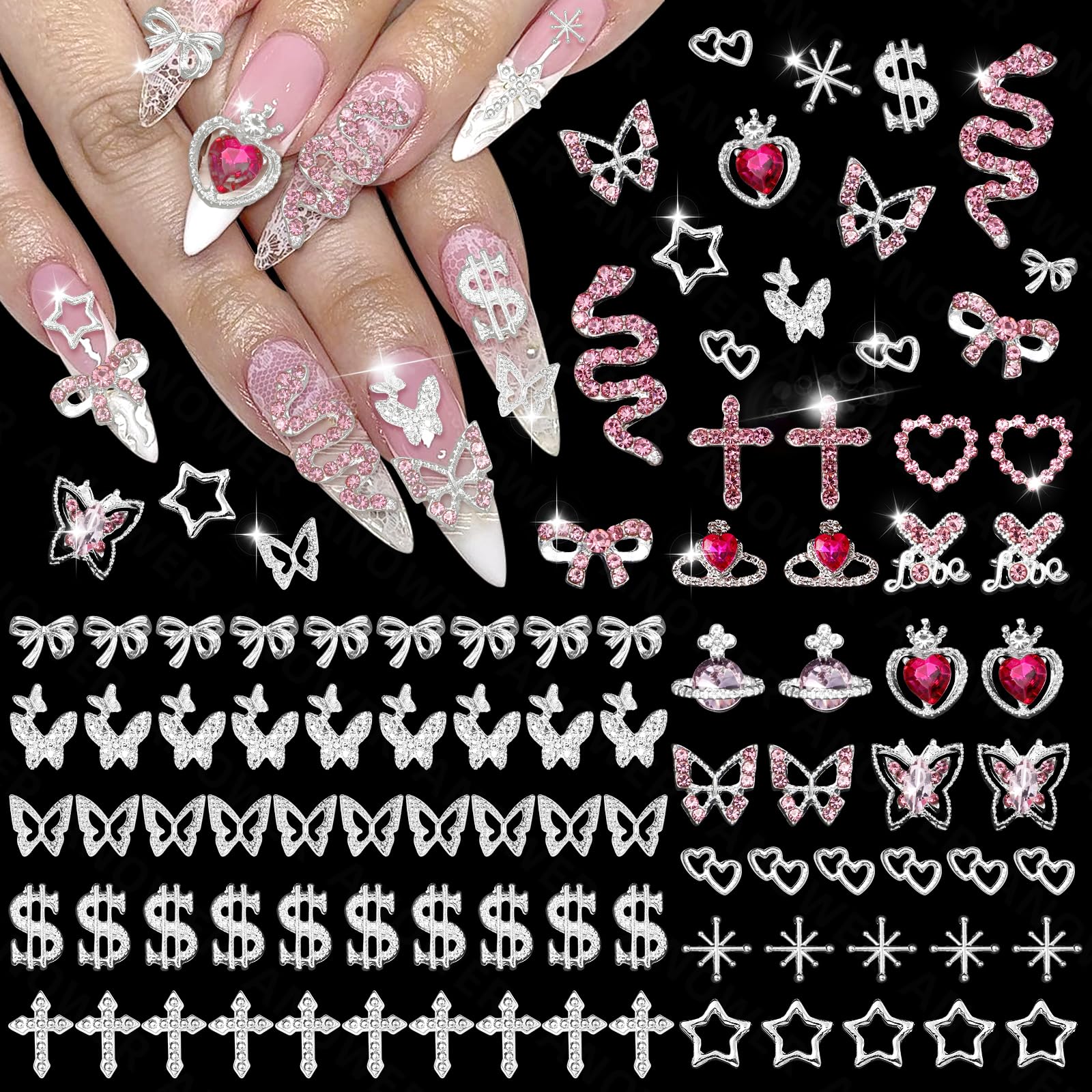 100 Pcs Silver Cross Nail Charms, Snake Heart Planet Cross Bows Nail Charms Gems, Star Butterfly Bows Crosses Nails Silver Charm, Y2K Charm for Nails